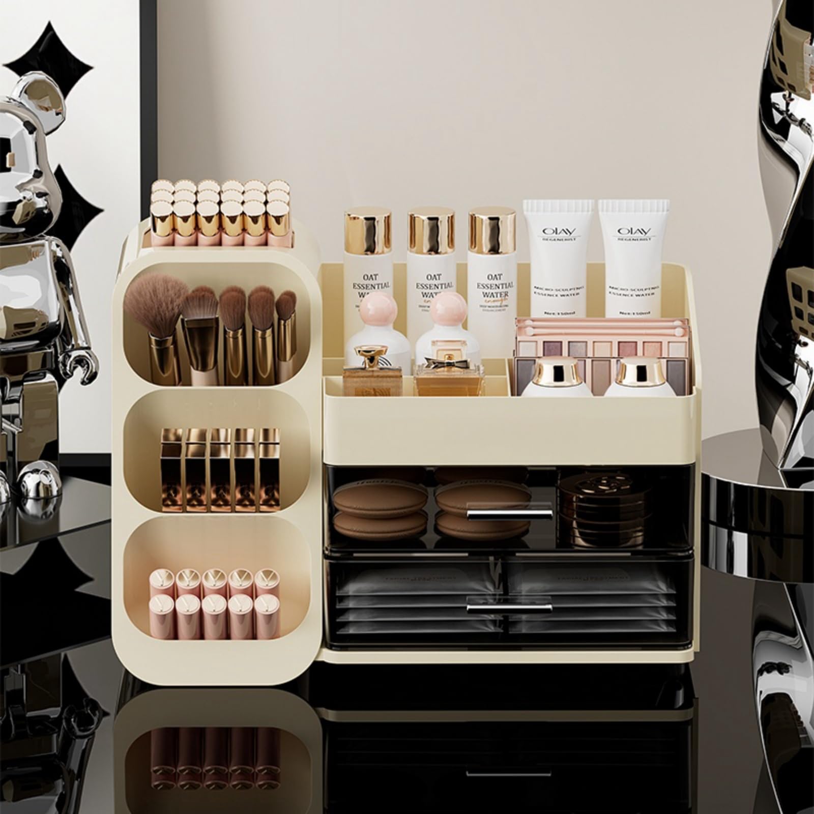 Makeup Organizer with Drawers - Spacious Cosmetic Storage Case for Vanity | Beauty Essential Organizer with Multiple Compartments | Perfect for Makeup Brushes, Lipsticks & Skincare Products (Cream)