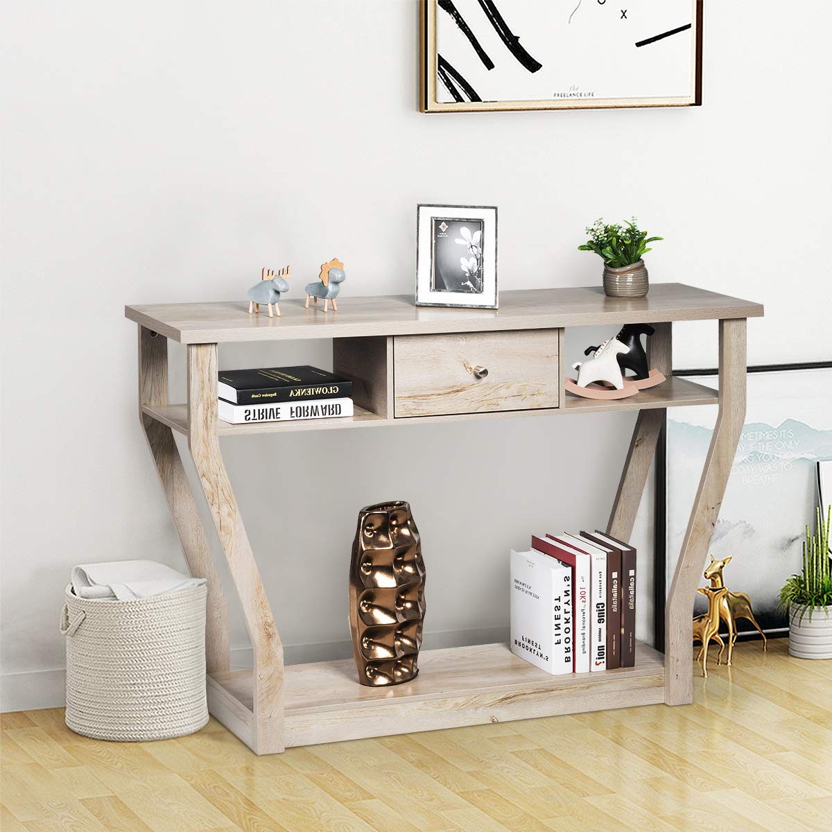 3-Tier Wooden Console Table with Drawer - 47