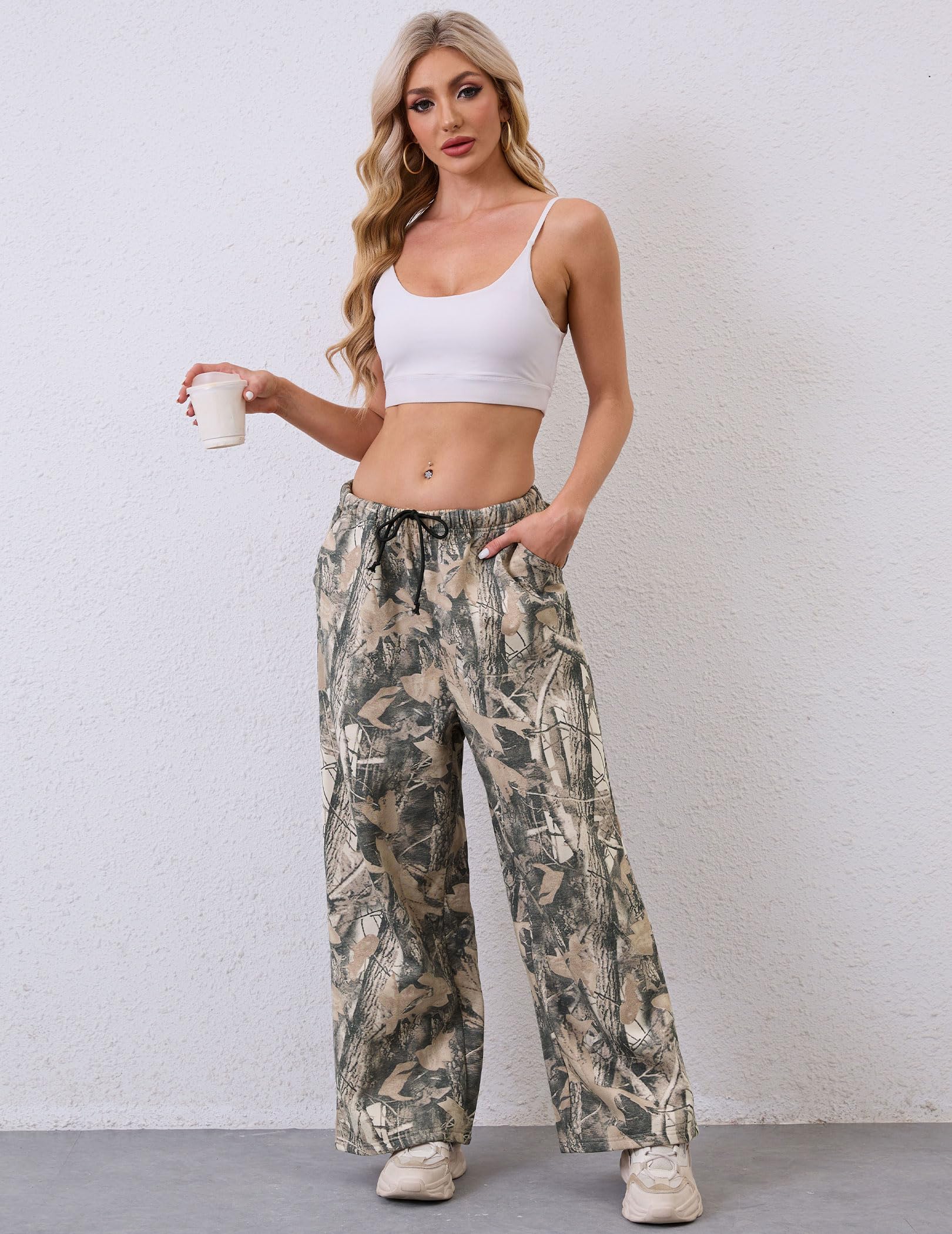 Women's High Waisted Camo Sweatpants - Wide Leg Fleece Joggers with Drawstring & Pockets | Casual Lounge Pants for Yoga, Running Errands & Streetwear Fashion
