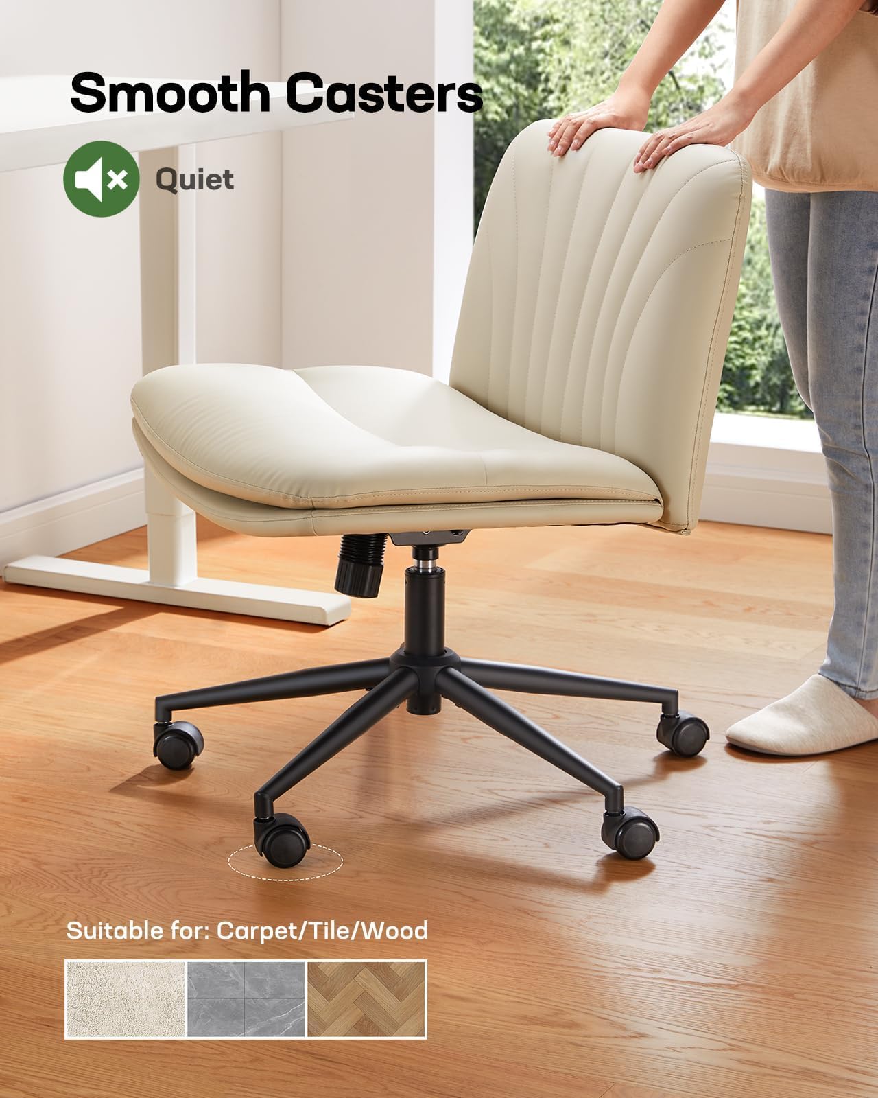 Marsail Armless Office Desk Chair with Wheels - PU Leather Cross Legged Wide Chair, Adjustable Swivel Computer Task Chair for Home & Office, Light Beige | Perfect for Small Spaces, Bedrooms & Makeup Areas