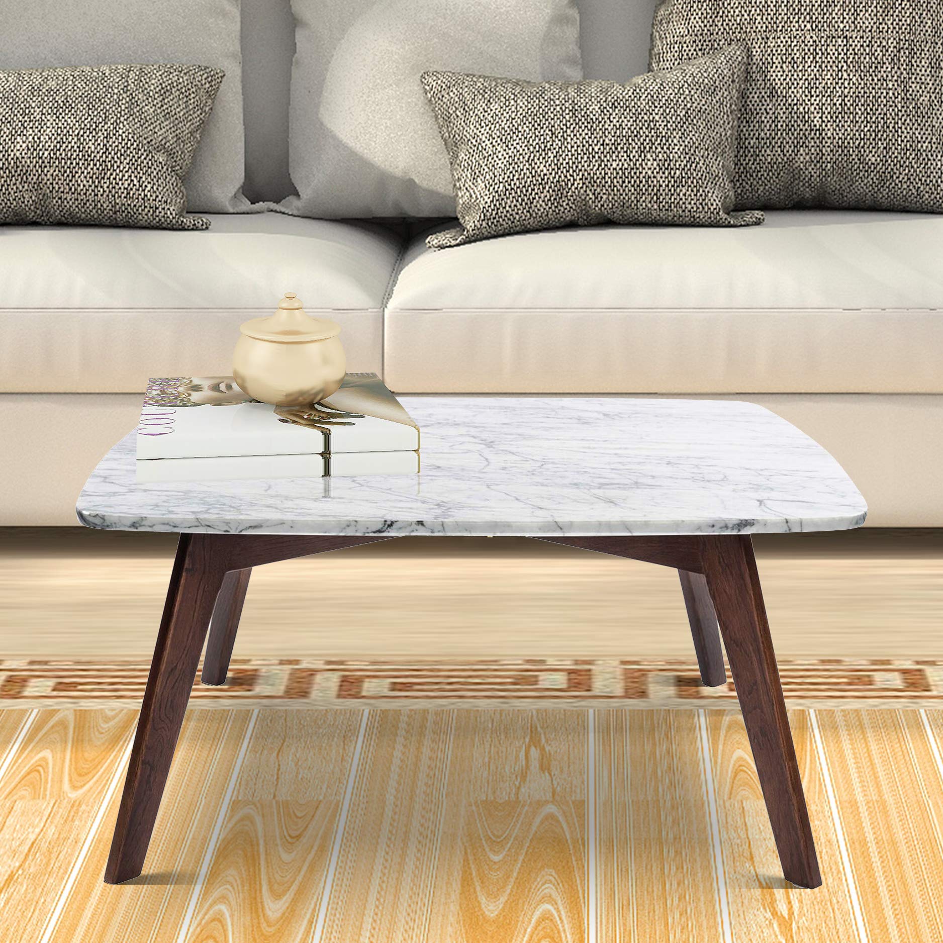Italian Carrara White Marble Coffee Table with Oak Legs for Living Room