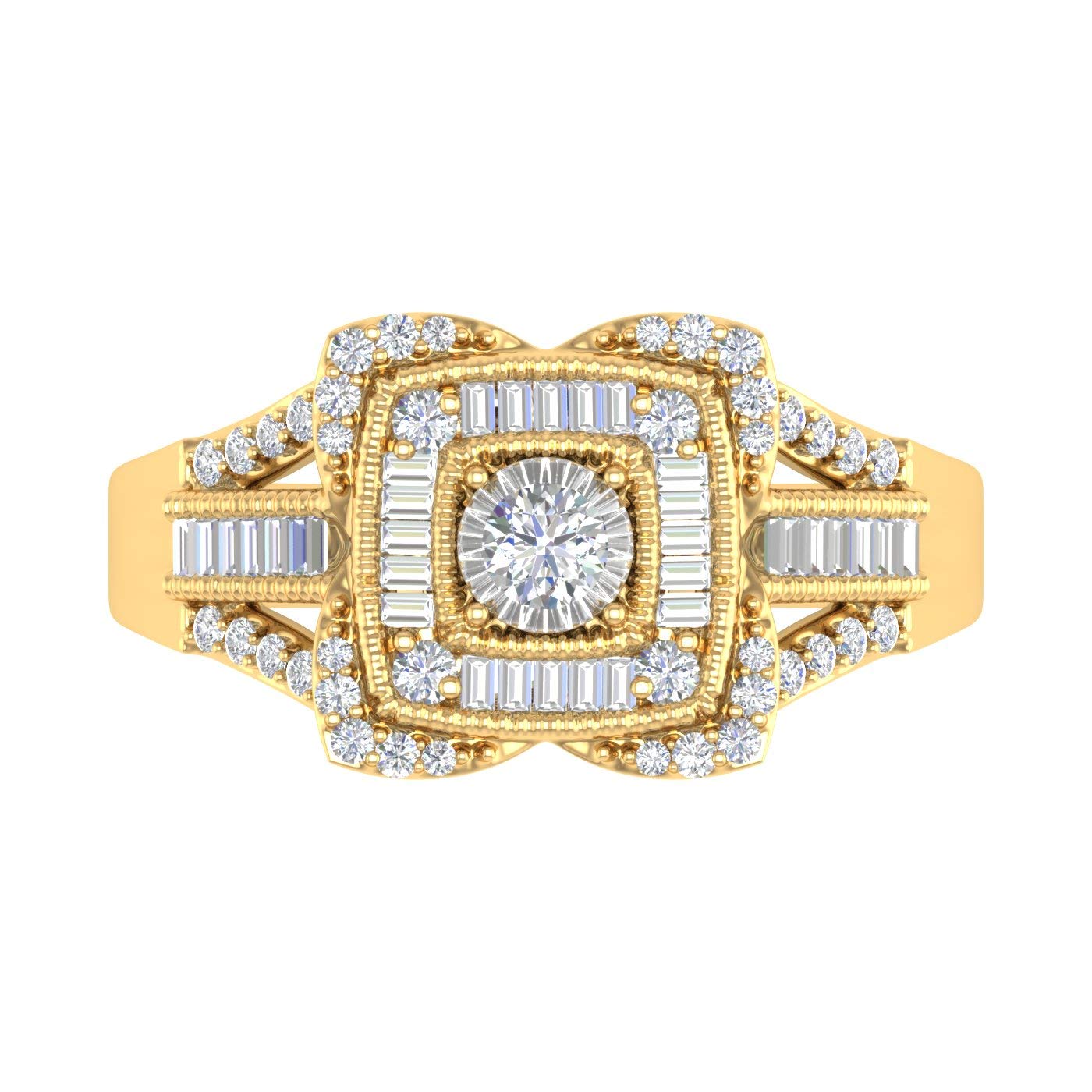 1/2 Carat Round & Baguette Diamond Halo Ring in 10K Gold - Elegant Cushion Engagement Ring for Women, Perfect for Proposals, Anniversaries & Special Occasions