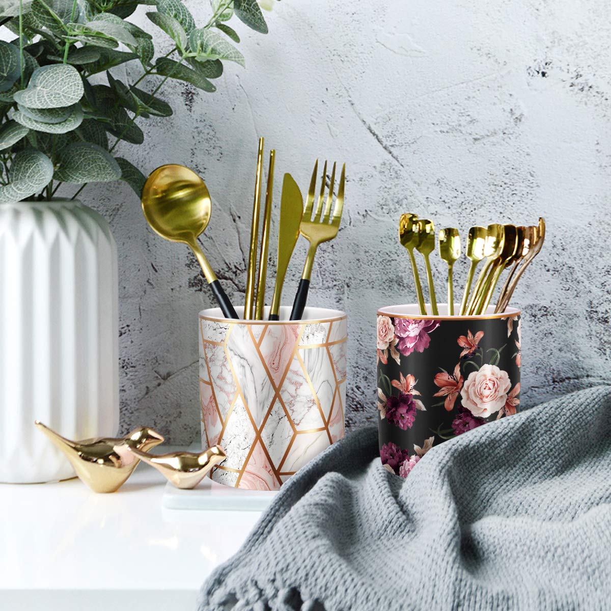 Waveyu Ceramic Desk Organizer - Rose Gold Marble Pencil Cup & Makeup Brush Holder | Durable Office & Classroom Supplies | Perfect for Organizing Pens, Pencils, Brushes on Work Desk or Study Table