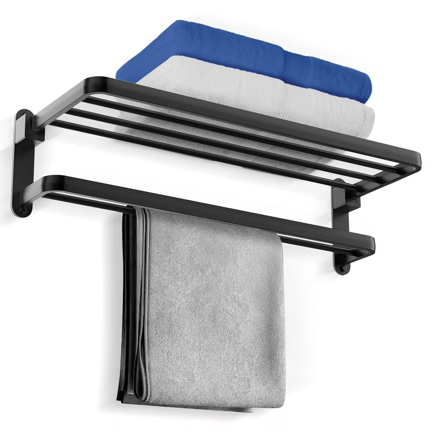 Stainless Steel Wall Mounted Towel Rack - Space Saving Bathroom & Kitchen Organizer with Shelf | Durable Black Towel Bar for Laundry Room & Home Decor | Perfect for Small Spaces & Modern Interior Design