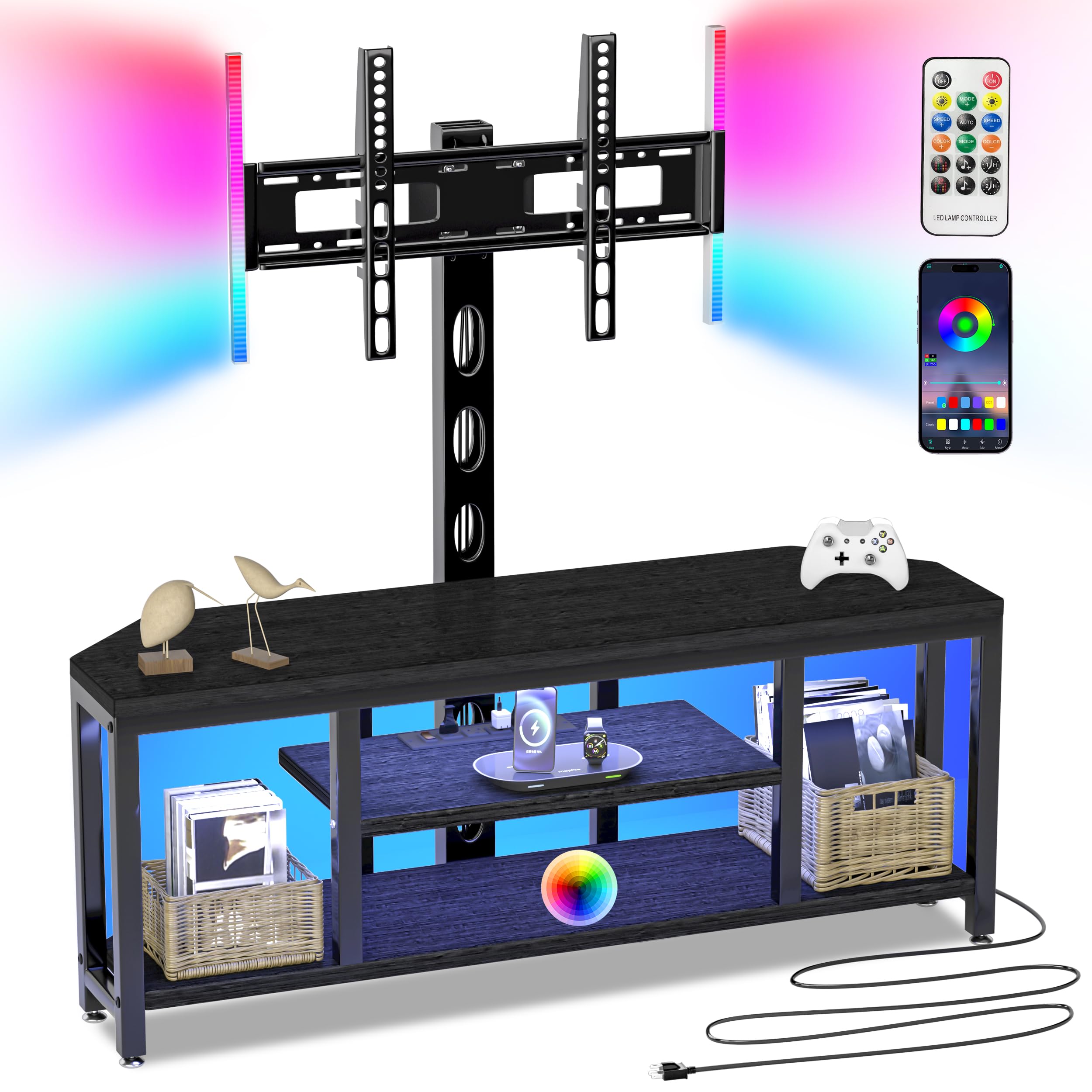 Universal Corner TV Stand with Mount for 32-65 Inch TVs - Adjustable Height Swivel TV Console with LED Lights, Wood & Steel Entertainment Center with Built-in Power Outlet & Storage Cabinet - Perfect for Living Room, Bedroom or Home Theater Setup (Black)