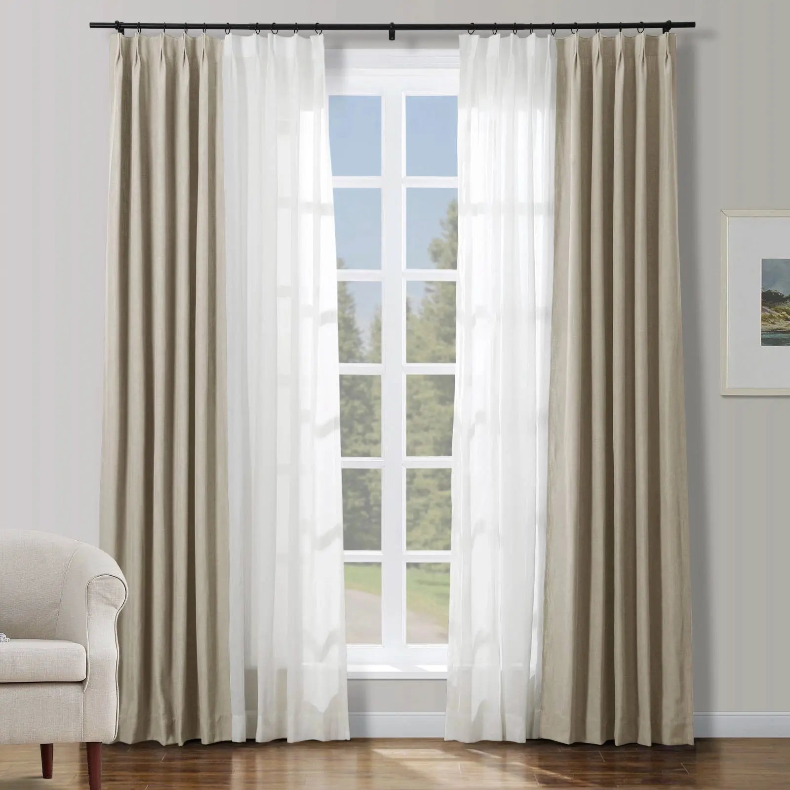 Half Linen Half Sheer Pleated Curtain Panels (Set of 2) - Elegant Window Drapes for Living Room, Bedroom & Dining Room Decor