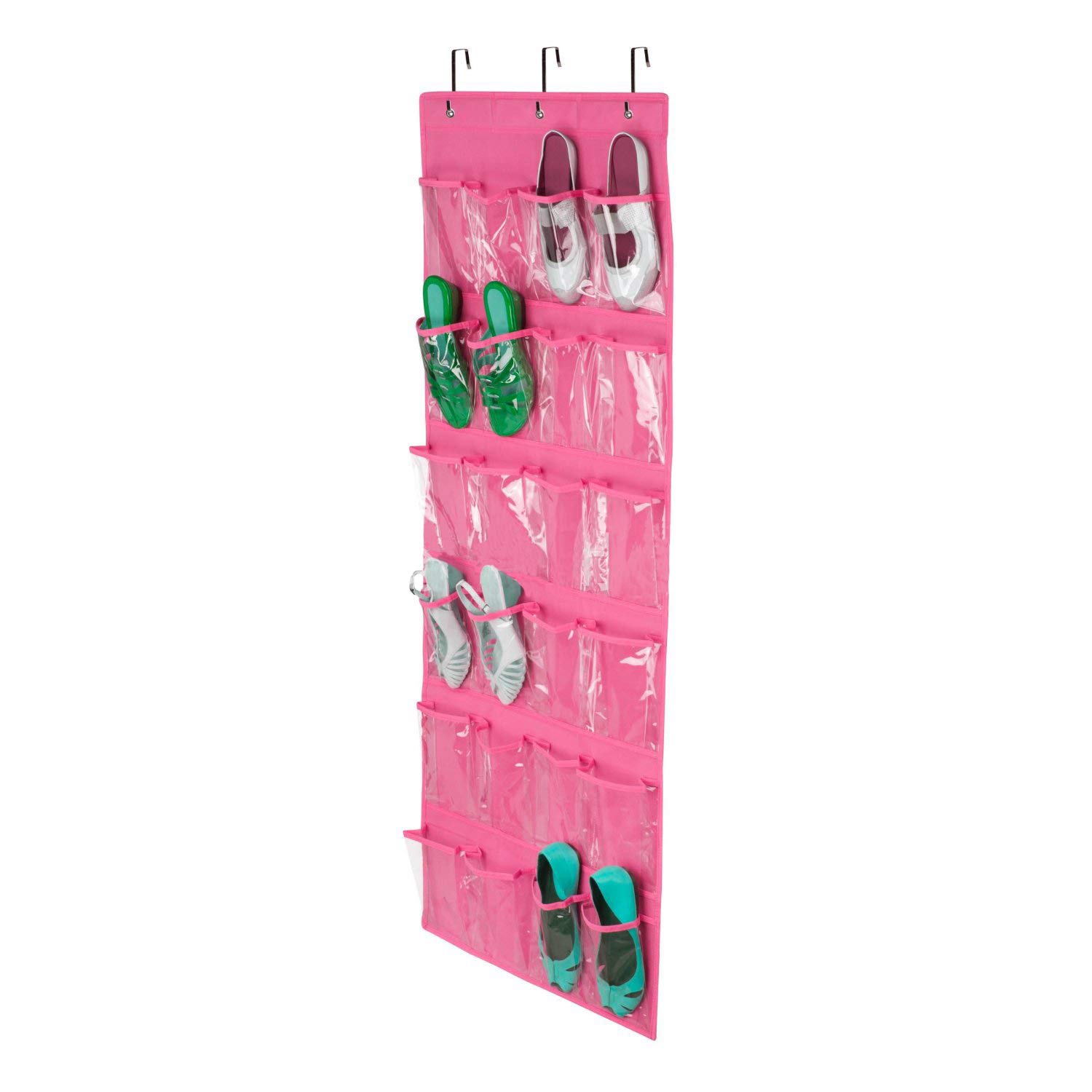 24-Pocket Clear Over-the-Door Shoe Organizer | Wall Mounted Hanging Closet Storage Bag for Shoes & Accessories (Pink) - Perfect for Bedroom, Dorm, Apartment & Small Space Organization