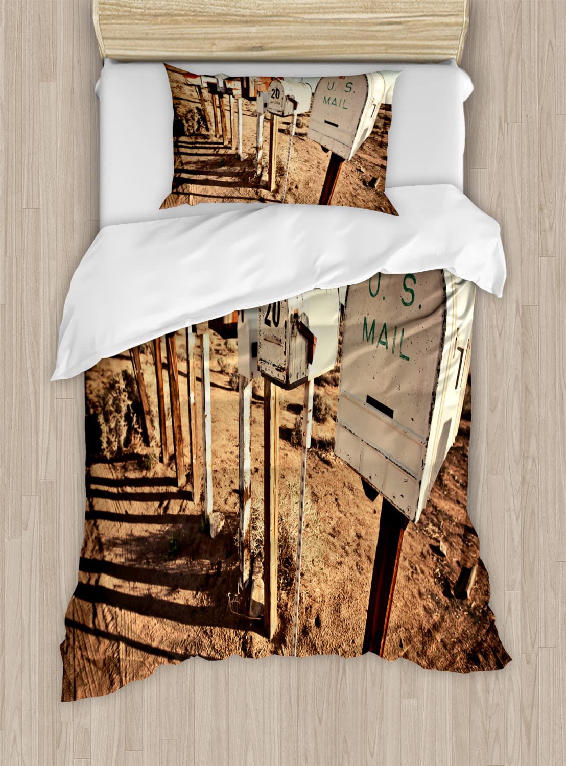 Ambesonne Vintage Rustic Duvet Cover Set - 2 Pack King Size with 2 Duvet Covers & 4 Pillowcases, Old West America Mailboxes Countryside Design in Brown Blue White - Perfect for Farmhouse, Rustic & Western Themed Bedrooms