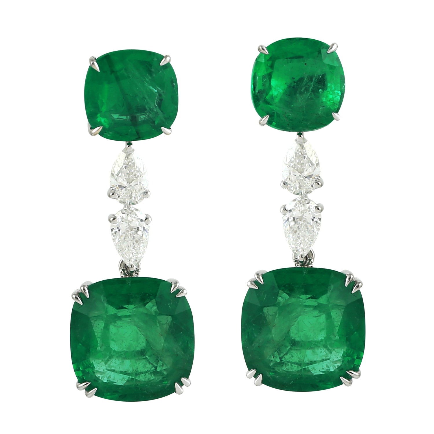 18K White Gold Cushion Cut Emerald & Rose Cut Diamond Dangle Earrings - Elegant Wedding, Party & Evening Wear Jewelry for Women
