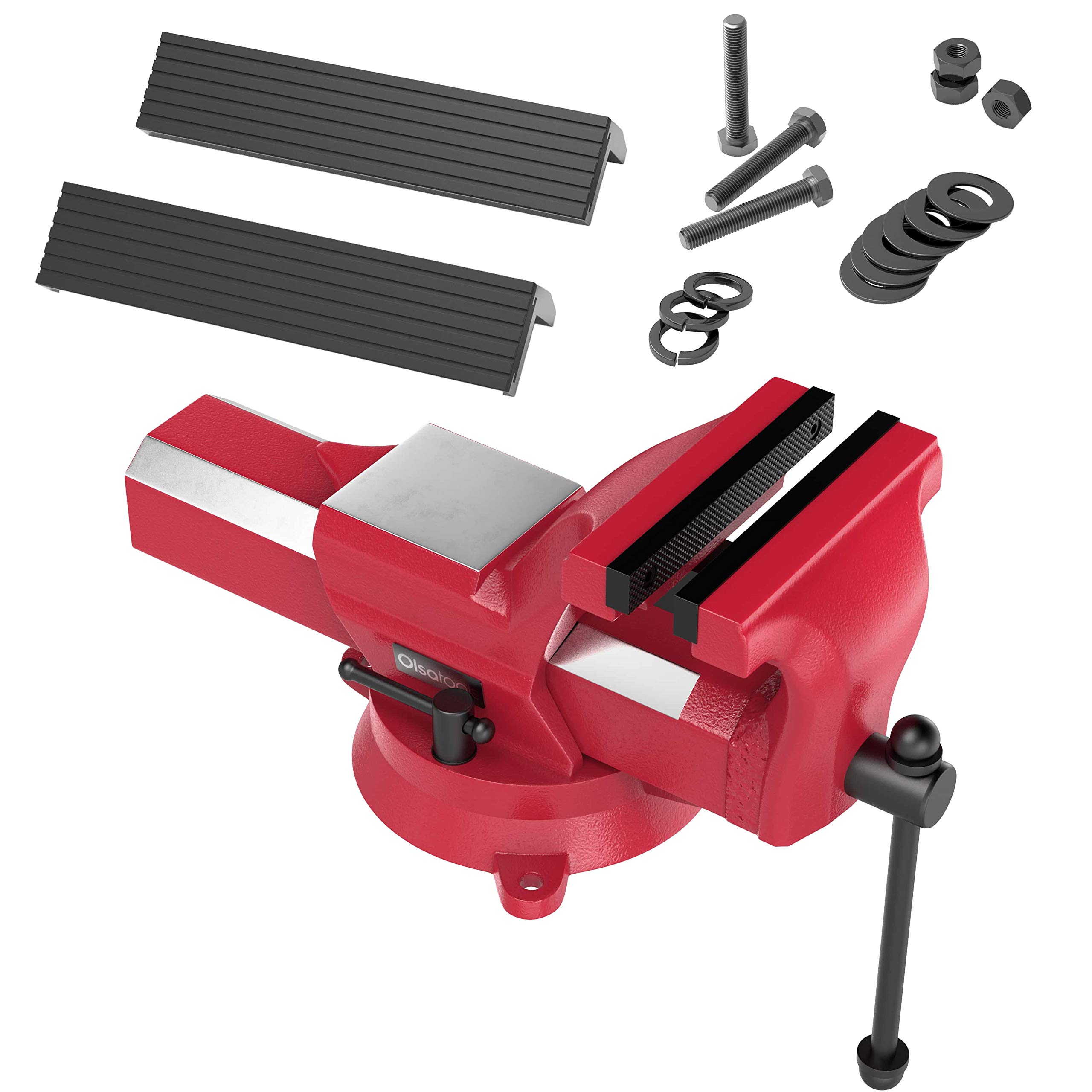 Olsa Tools 5 Inch Heavy Duty Bench Vise with 360° Swivel Base | 7,700 lb Forged Steel Clamping Force | Professional Grade Table Vise with Mounting Hardware & Rubber Jaw Covers | Perfect for Woodworking, Metalworking, and DIY Projects