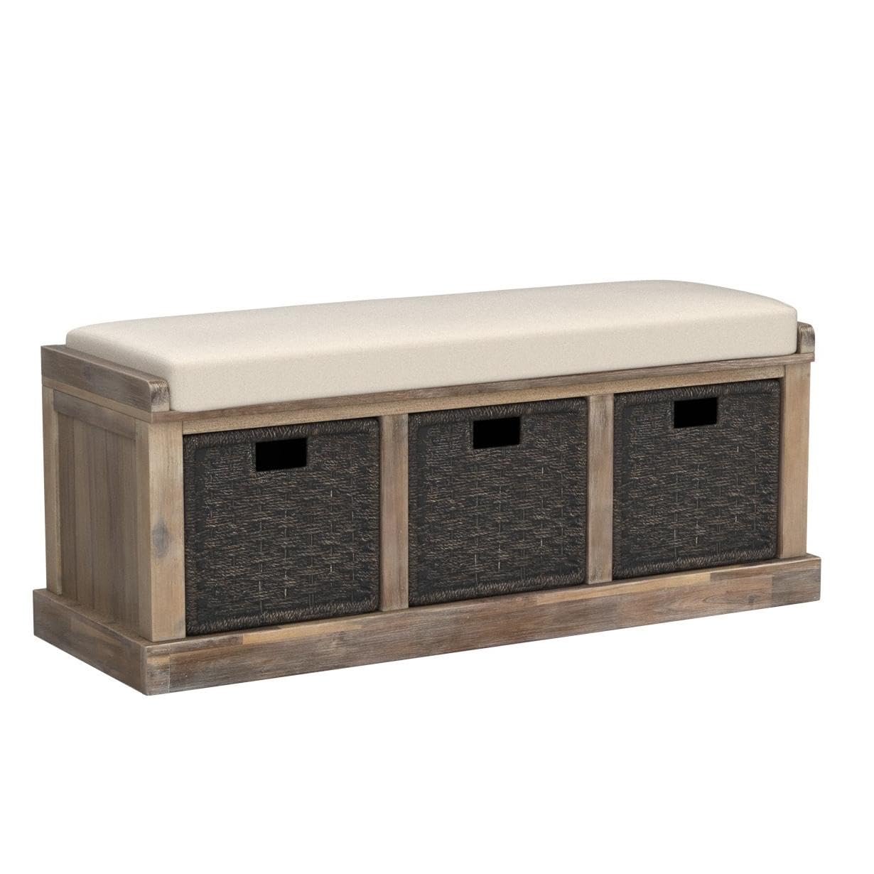 Merax Fully Assembled Entryway Storage Bench with 3 Removable Baskets & Cushion - Shoe Organizer for Hallway, Living Room - Perfect for Small Space Organization & Home Decor