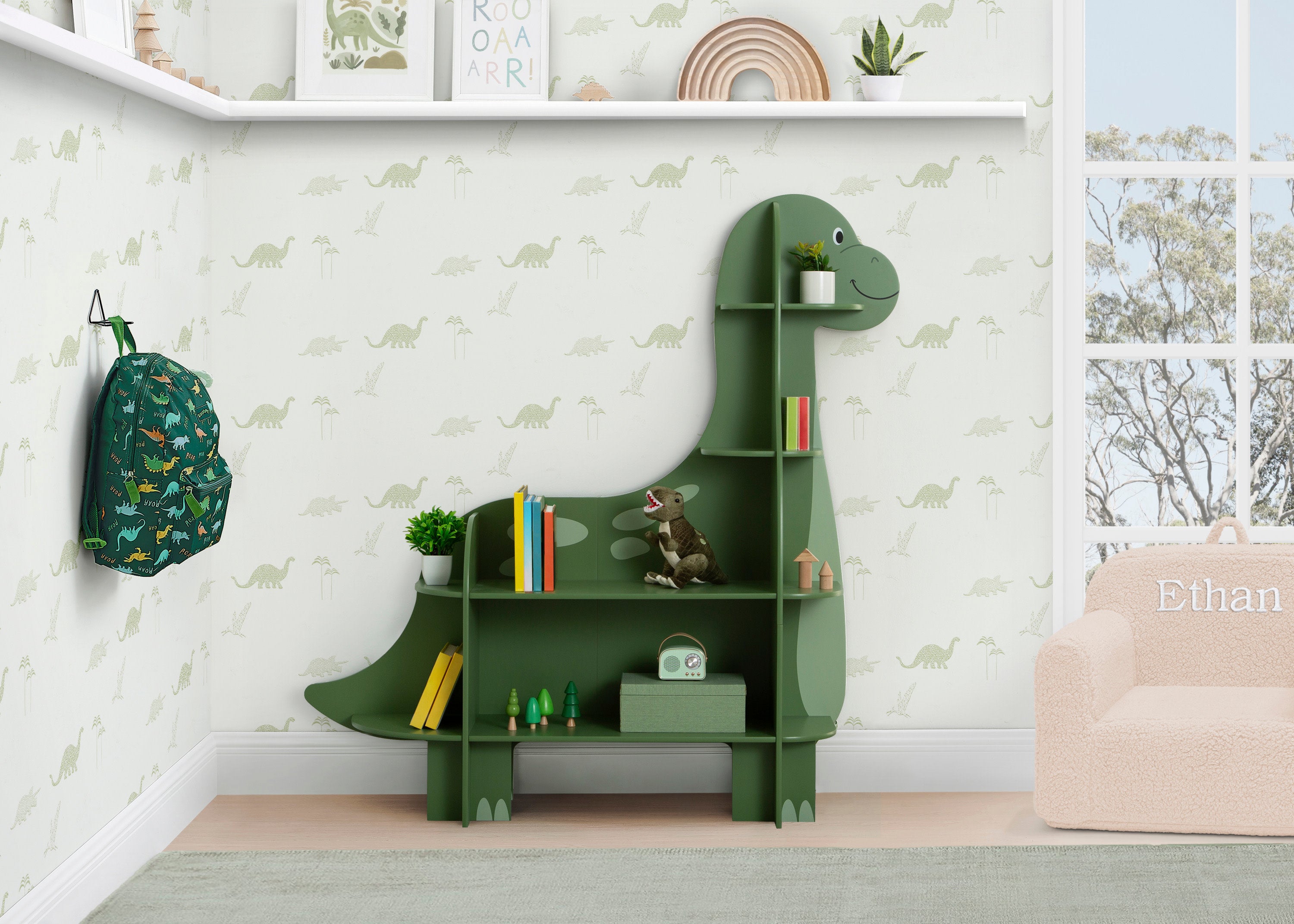 Dinosaur Themed Kids Bookcase - Fun & Educational Bookshelf for Children's Room, Playroom, or Classroom Decor