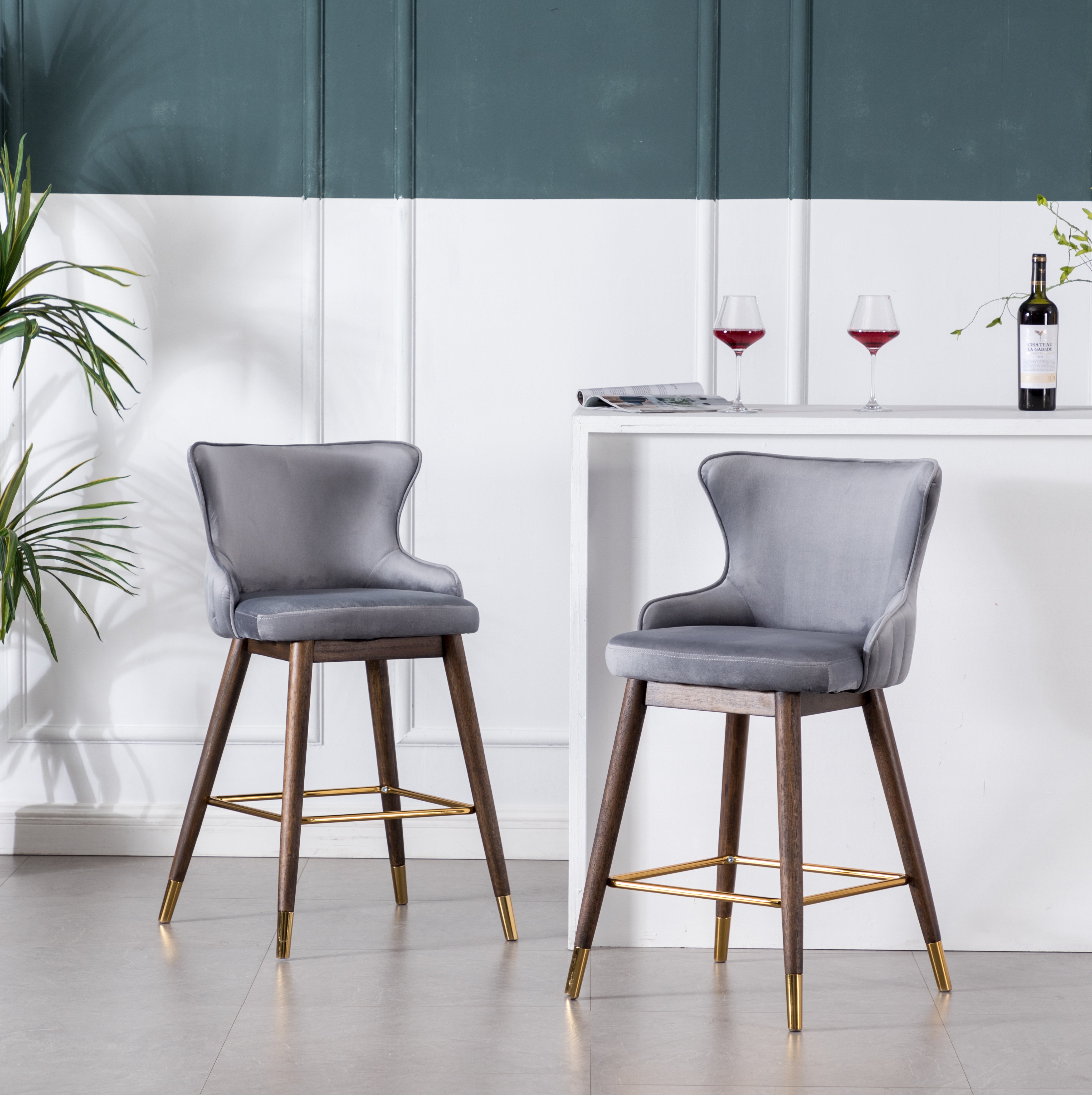 Roundhill Furniture Leland Fabric Upholstered Counter Height Wingback Bar Stools, Gray, Set of 2 - Perfect for Kitchen Islands, Breakfast Bars & Home Decor