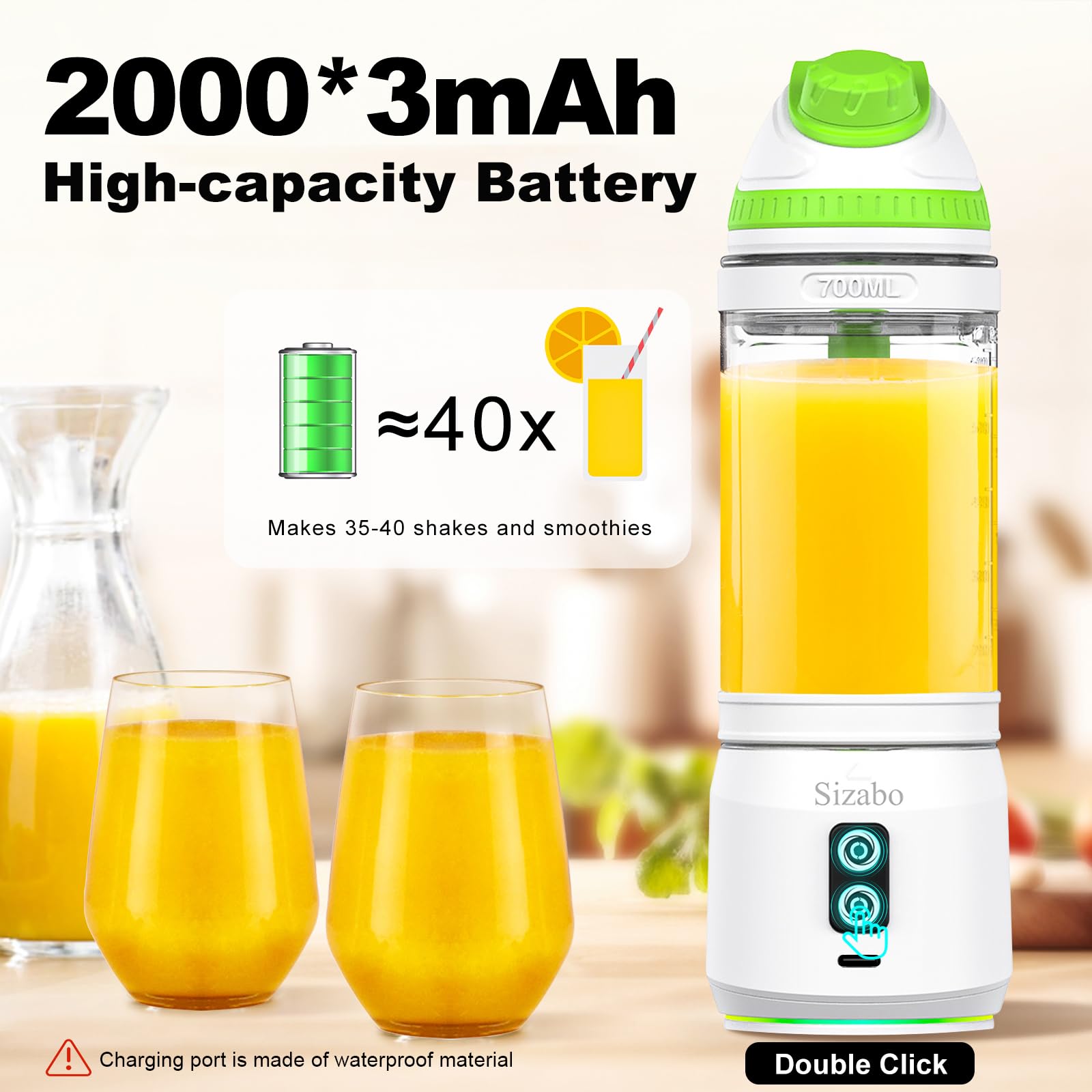 Portable USB C Rechargeable Blender - 24 oz Personal Size High Speed Blender for Shakes, Smoothies & Juices, 2000mAh*3 Battery, Compact Fruit Mixer for Travel, Gym, Office, Picnic & Outdoor Activities (White-Green)