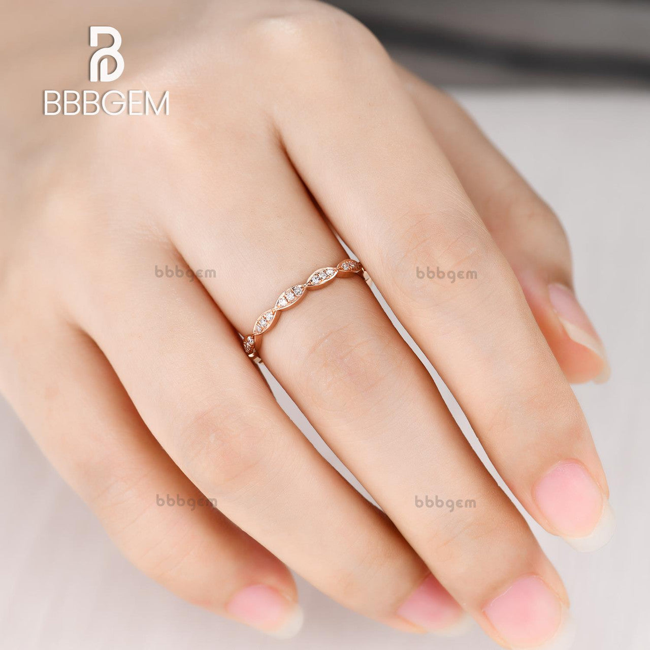 14K Rose Gold Art Deco Marquise Three Stone Wedding Ring Set - Round Diamond Engagement Ring & Matching Stacking Band for Women, Perfect for Bridal, Anniversary, and Special Occasions