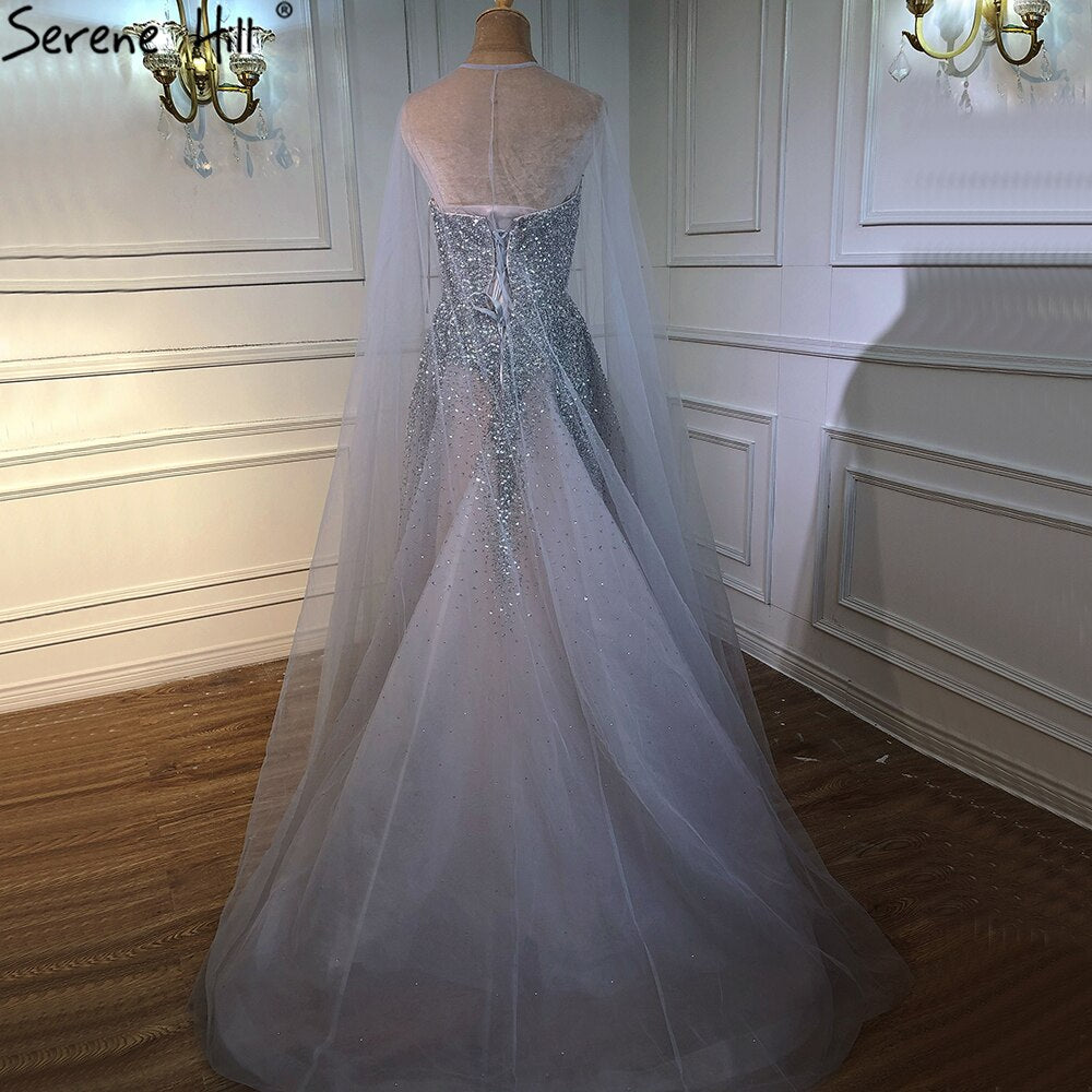 Serene Hill Silver Luxury A-Line Evening Dress with Cape - Beaded Sexy Gown for Women 2025 | Perfect for Prom, Party, and Formal Events - LA70644
