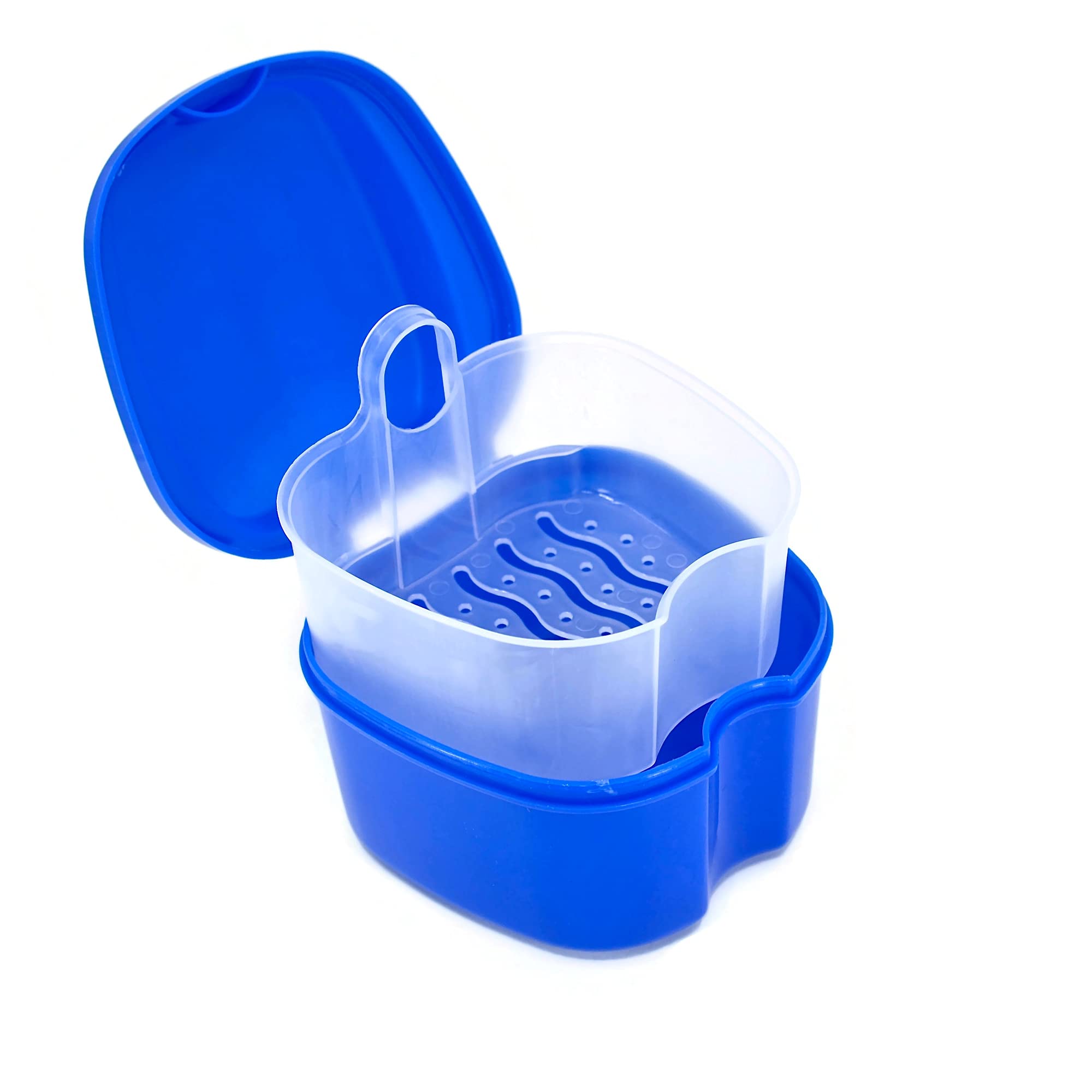 Premium Denture Case with Strainer - Night Cleaner Denture Bath Box for Retainers, Mouthguards & False Teeth - Dark Blue | Perfect for Travel & Overnight Denture Storage