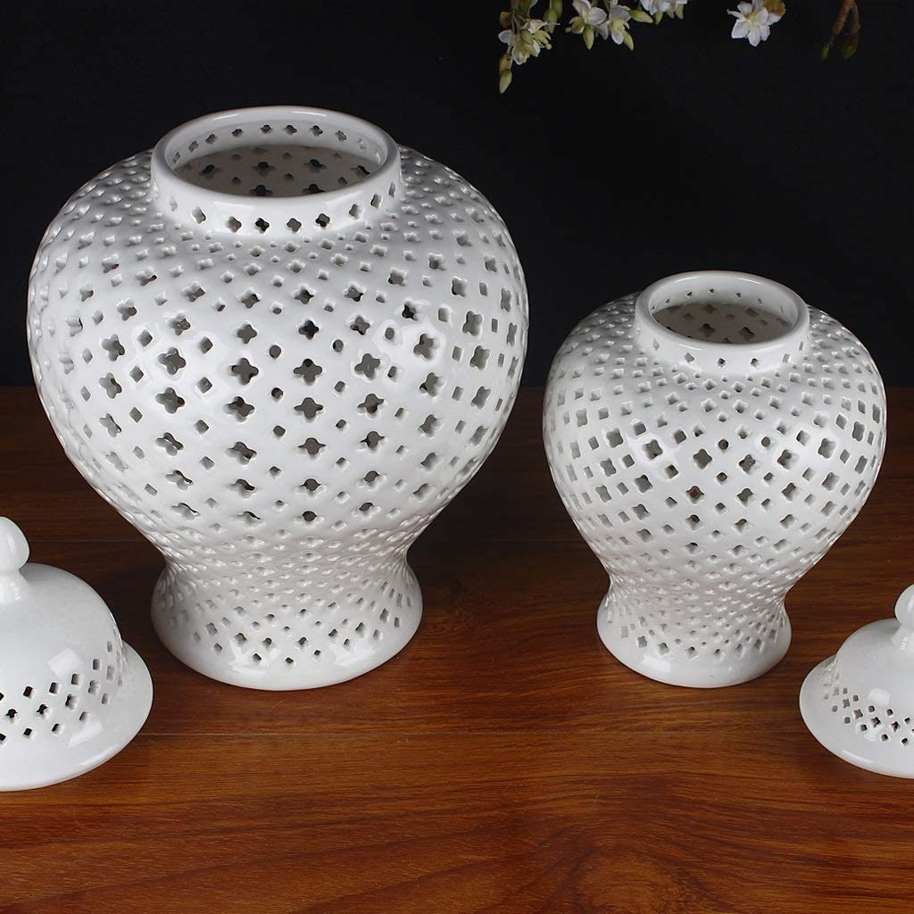 White Traditional Chinese Lattice Ginger Jar with Lid - Carthage Pierced Porcelain Lantern - Home Decor & Asian Style Collectible (19cm) - Perfect for Living Room, Dining Table & Feng Shui Display