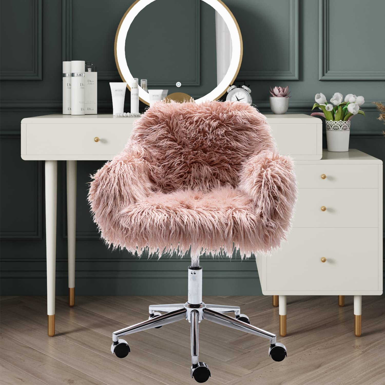 Yoluckea Modern Faux Fur Desk Chair - Adjustable Swivel Vanity Accent Chair with Soft Faux Fur, Pink Office Chair for Women & Girls - Perfect for Home Office, Living Room, Bedroom & Dressing Room Makeup Station