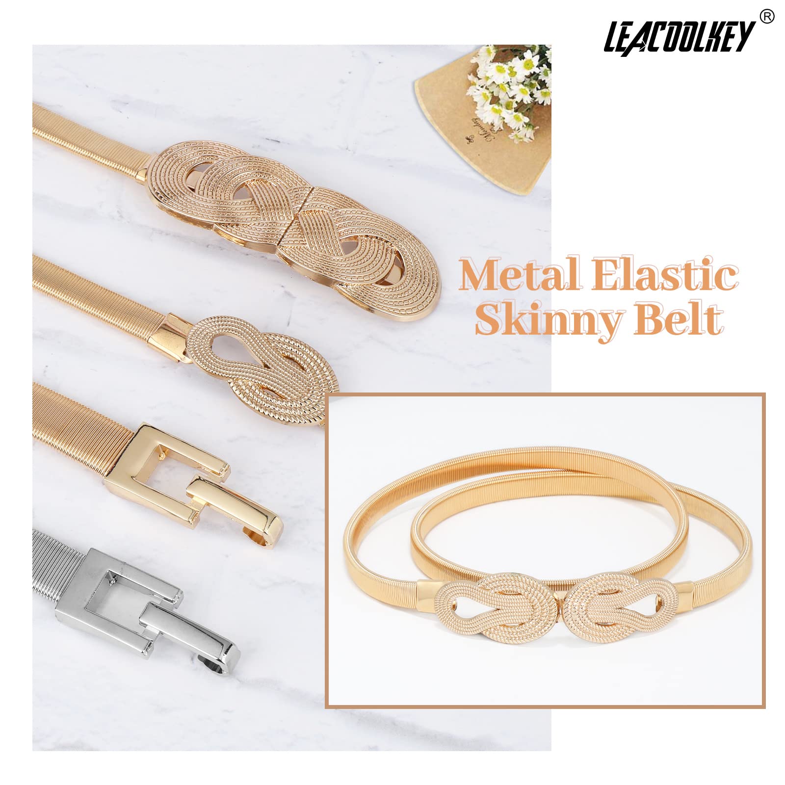 LEACOOLKEY Women's Gold Skinny Belt - Stretchable Metal Waist Belt for Dresses, Elastic Thin Belt for Women, Perfect for Casual, Office & Evening Wear