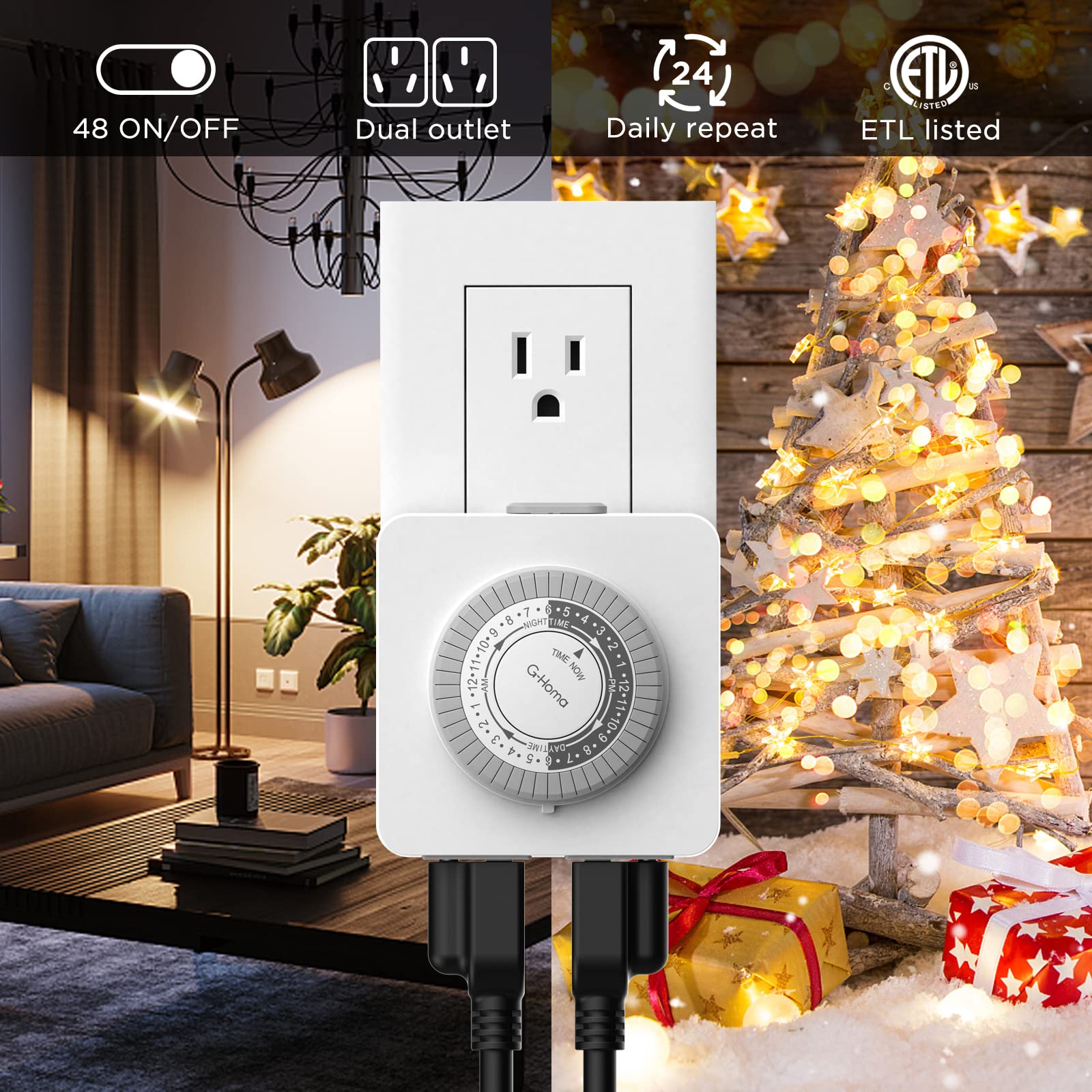 G-Homa 24-Hour Mechanical Timer Outlet with 2 Grounded Outlets - Automatic Plug-in Timer for Lamps, Holiday Lights, Christmas Decorations & Small Appliances - Perfect for Home, Office & Outdoor Use