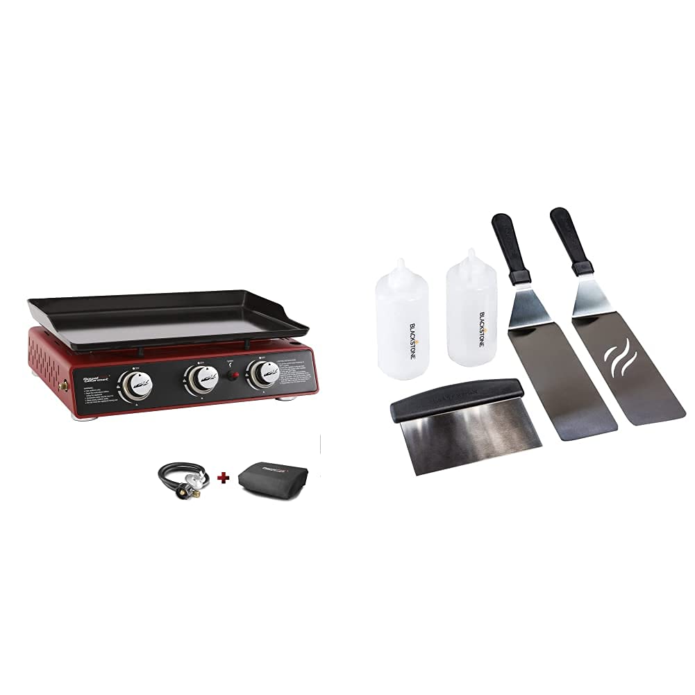 Royal Gourmet PD1301R 24-Inch 3-Burner Portable Gas Grill Griddle with 25,500 BTUs - Red | Blackstone 1542 Flat Top Griddle Professional 5-Piece Accessory Kit | Outdoor Cooking, Camping, Tailgating & Backyard BBQs