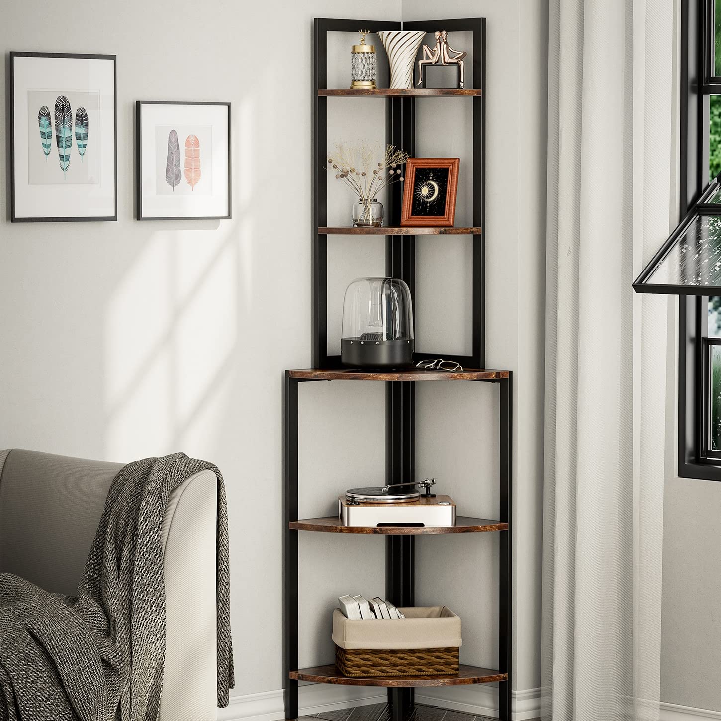 JOINATRE 5-Tier Corner Bookshelf - 60 Inch Industrial Storage Shelf, Rustic Brown & Black Multi-Purpose Rack for Living Room, Bedroom, Office - Perfect for Books, Plants, Decor & Space Saving Storage Solutions