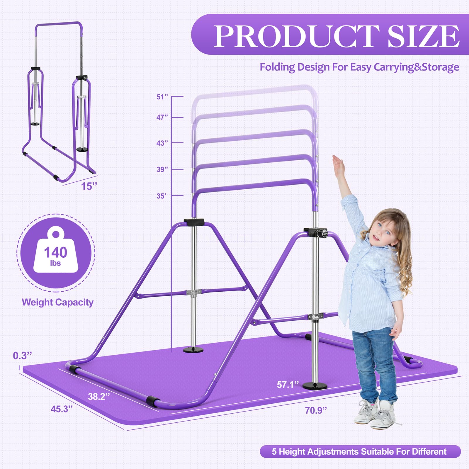 Adjustable Gymnastics Bars for Kids - Foldable Training Equipment for Home Gym