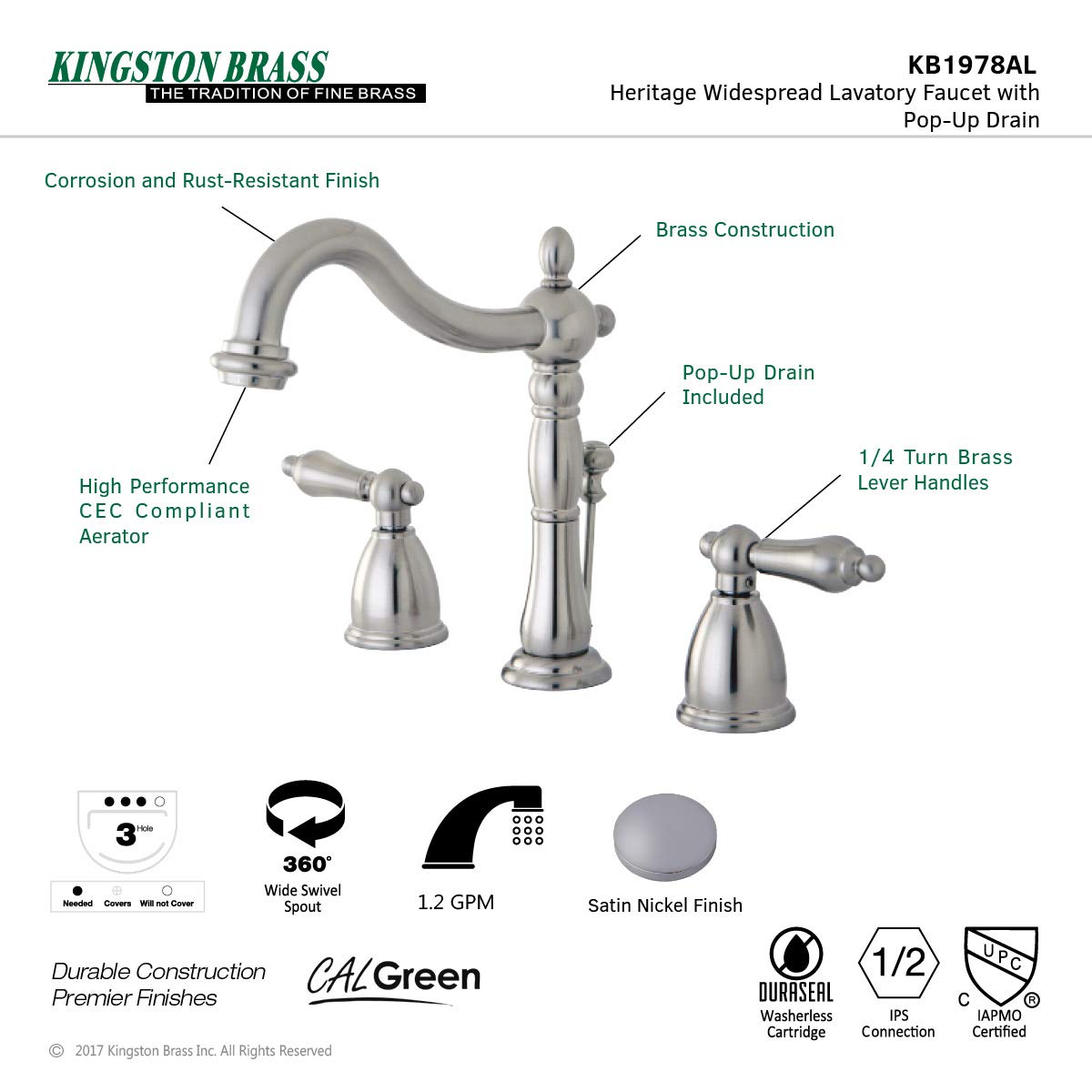 Kingston Brass KB1978AL Heritage 8-Inch Widespread Bathroom Faucet with Metal Lever Handle - Brushed Nickel Finish - Adjustable Center for Vanity Sink - Perfect for Modern and Traditional Home Bathrooms
