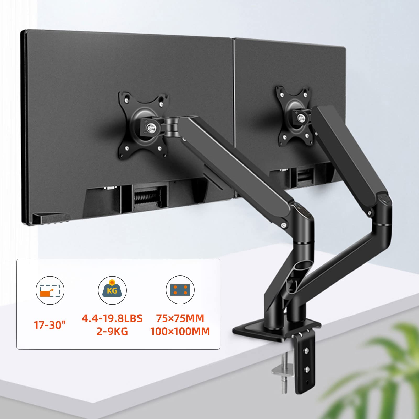 HILLPORT Dual Monitor Arm Stand - Adjustable Gas Spring Desk Mount for 2 Monitors 17-30 inch, 2-9KG, VESA 75/100mm - Ergonomic Home Office & Gaming Setup