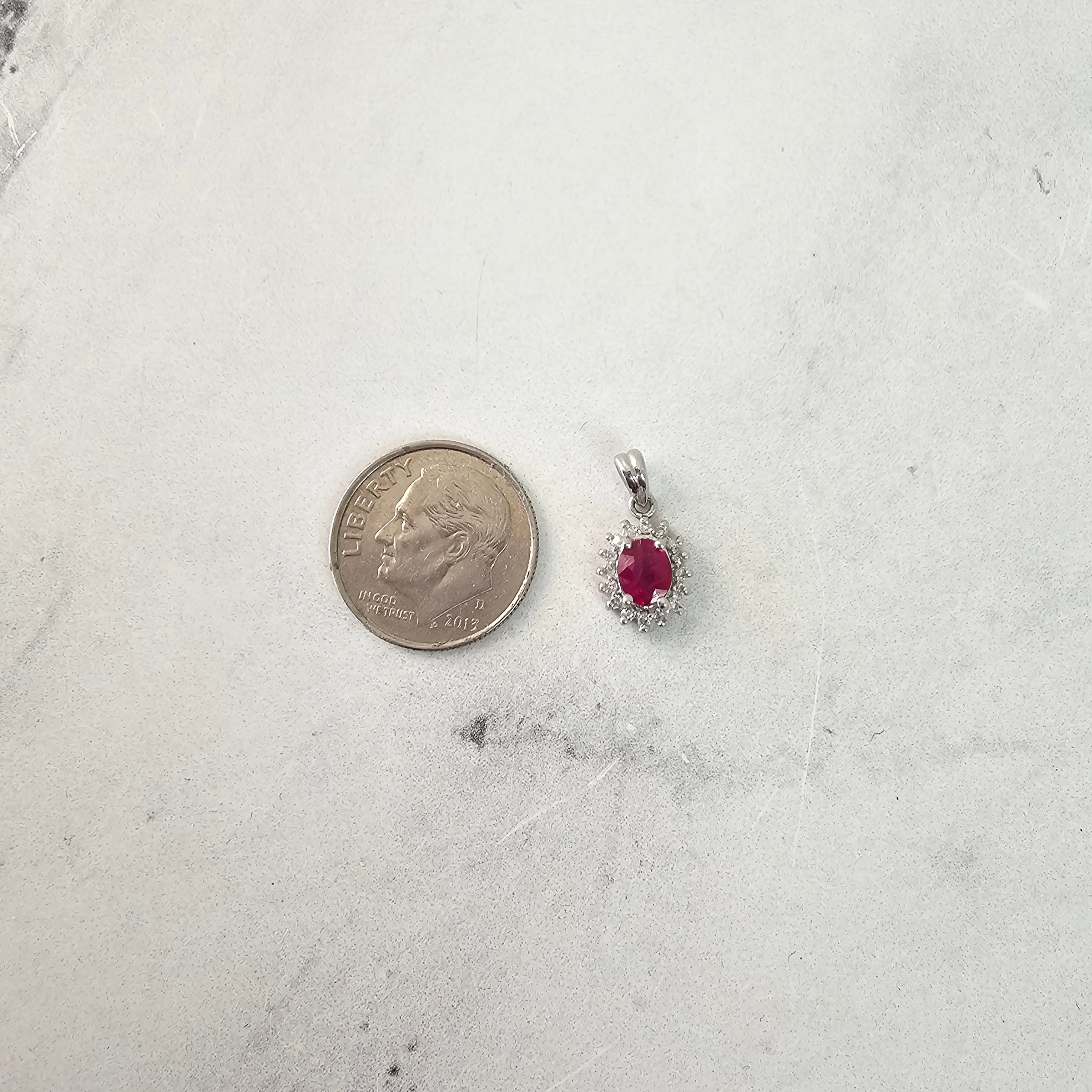 14k White Gold Oval Ruby and Diamond Halo Necklace - Elegant Jewelry for Weddings, Anniversaries & Special Occasions
