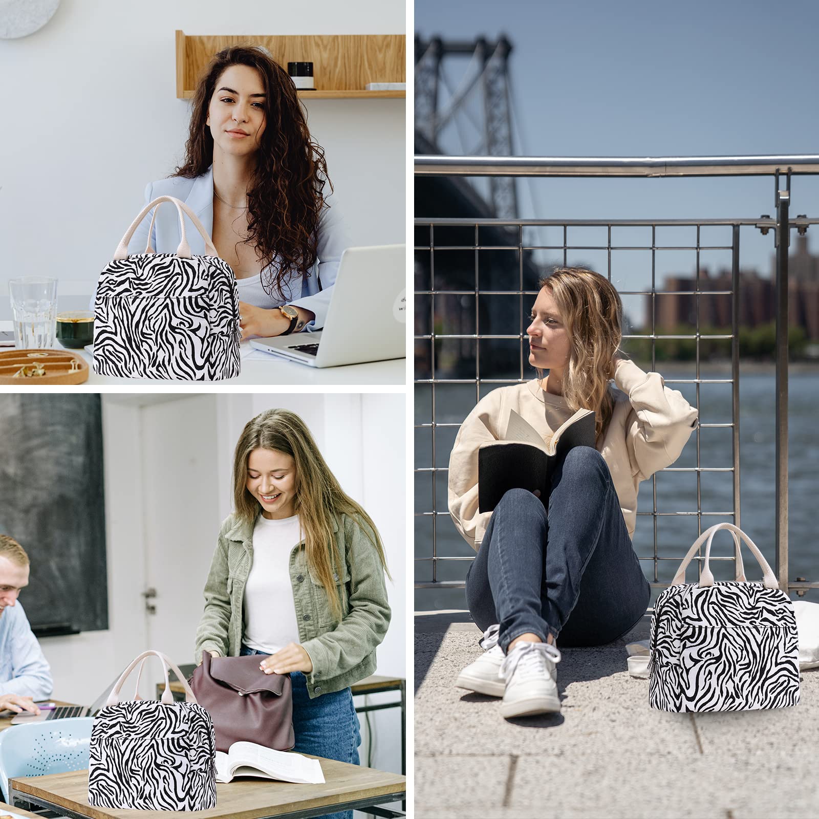 Stylish Black & White Zebra Print Insulated Lunch Tote Bag for Women - Lightweight Reusable Canvas Bento Box Carrier - Perfect for Office, School, Picnics & Travel
