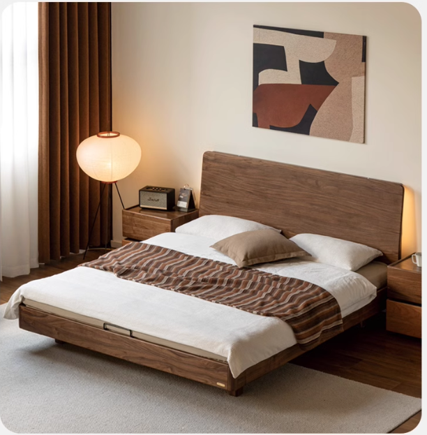 Solid Black Walnut Wood King Size Suspended High Headboard Bed Frame - Modern Platform Bed for Master Bedroom, Guest Room & Luxury Home Decor