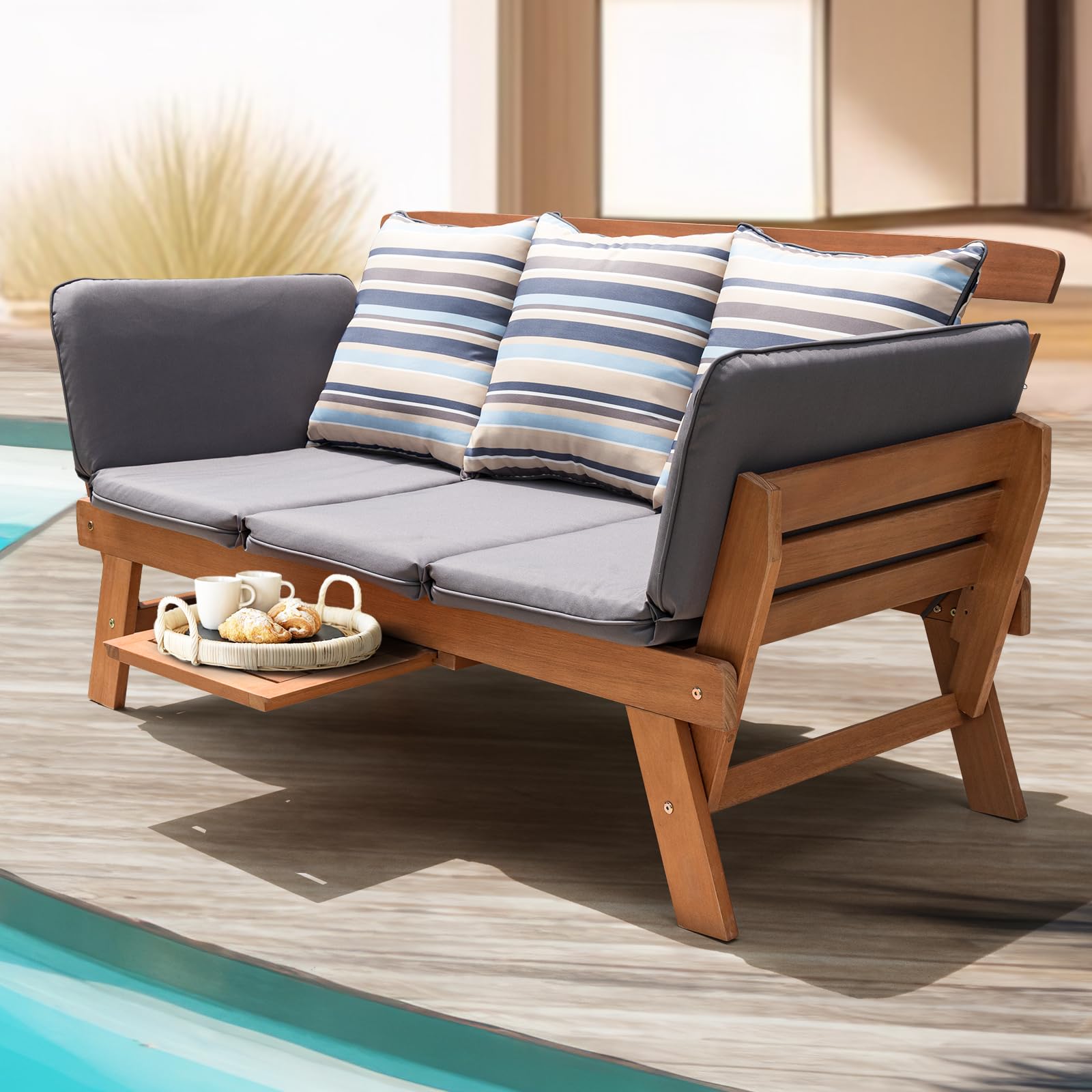 Idzo Amelie Outdoor Daybed Sofa - 750lbs Weight Capacity, Convertible Sleeper Chair with Armrests & Coffee Tray, Includes 3 Comfort Pillows, FSC Certified Wood Frame in Modern Gray - Perfect for Patio, Poolside, Garden or Backyard Relaxation