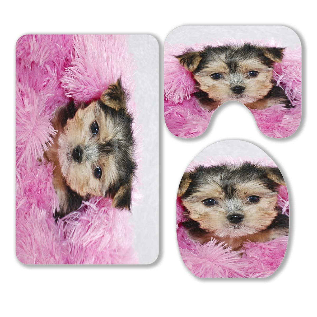 Cute Morkie Puppy 3-Piece Bathroom Rug Set - Soft Pink Blanket Design, Non-Slip Contour Mat & Toilet Lid Cover - Perfect for Cozy Bathrooms, Pet Lovers & Gift Giving