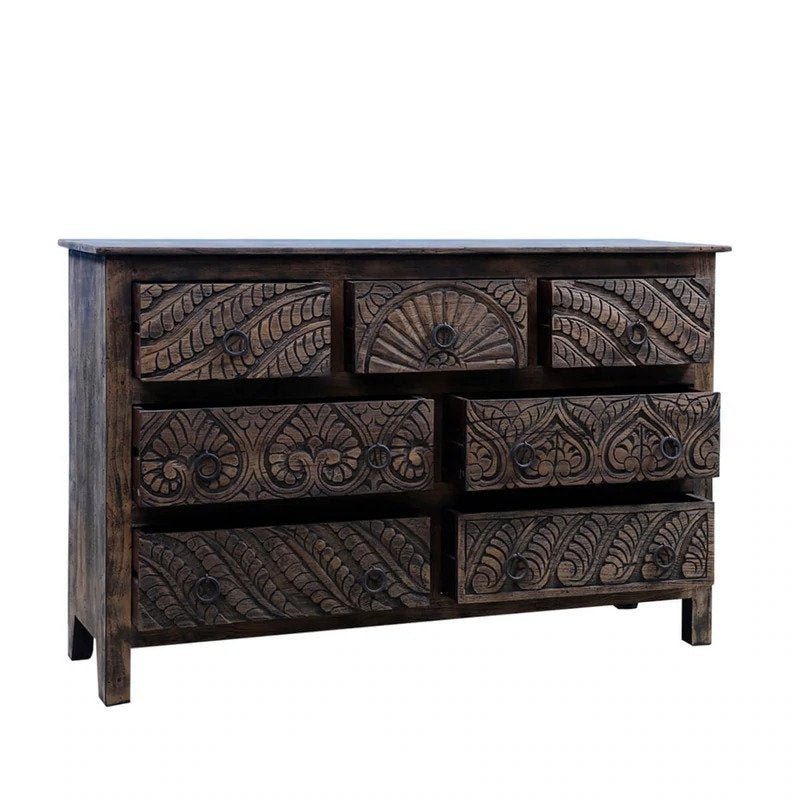 Hand Carved Indian Wooden 7-Drawer Dresser - Traditional Storage for Bedroom, Living Room & Office
