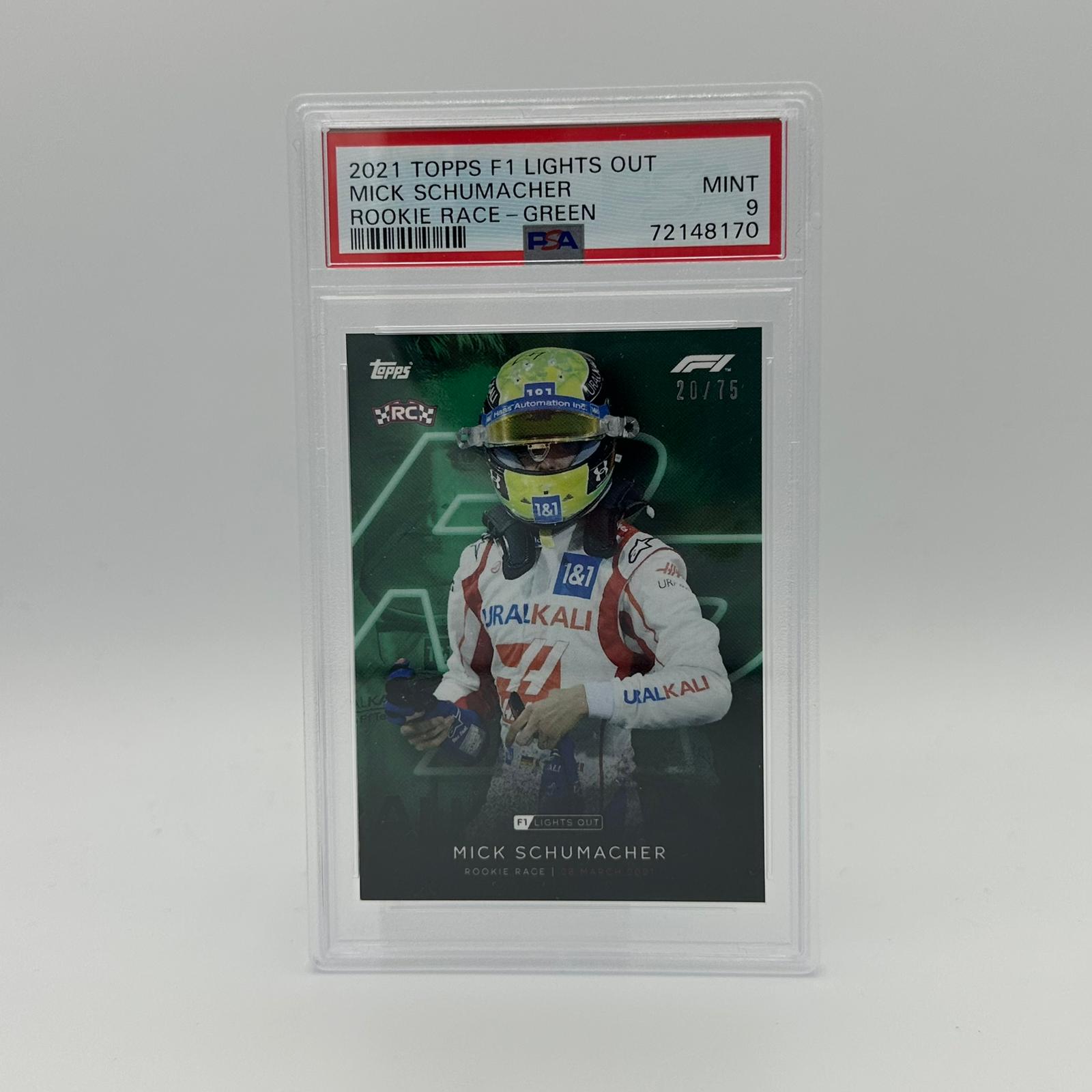PSA 9 Graded 20/75 Mick Schumacher Rookie Race Green Parallel - Rare Collectible Trading Card for F1 Fans & Sports Memorabilia Collectors