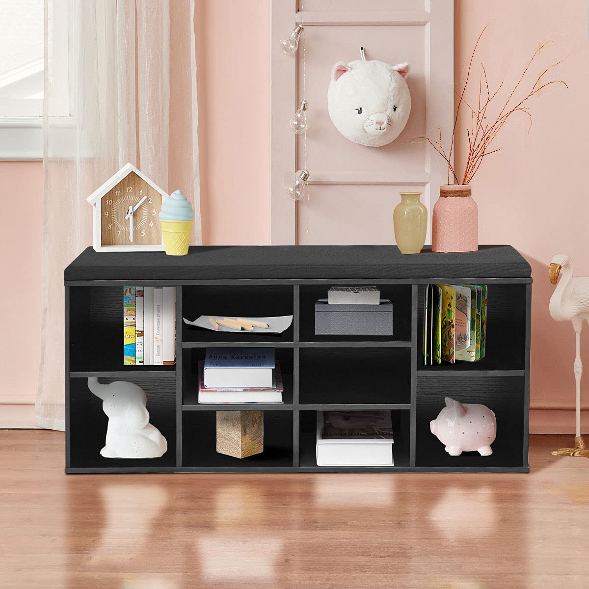 10-Cube Shoe Storage Bench with Padded Seat & Adjustable Shelves - Entryway Organizer for Living Room, Bedroom, Hallway & Mudroom - Perfect for Small Space Organization & Shoe Display (Black)
