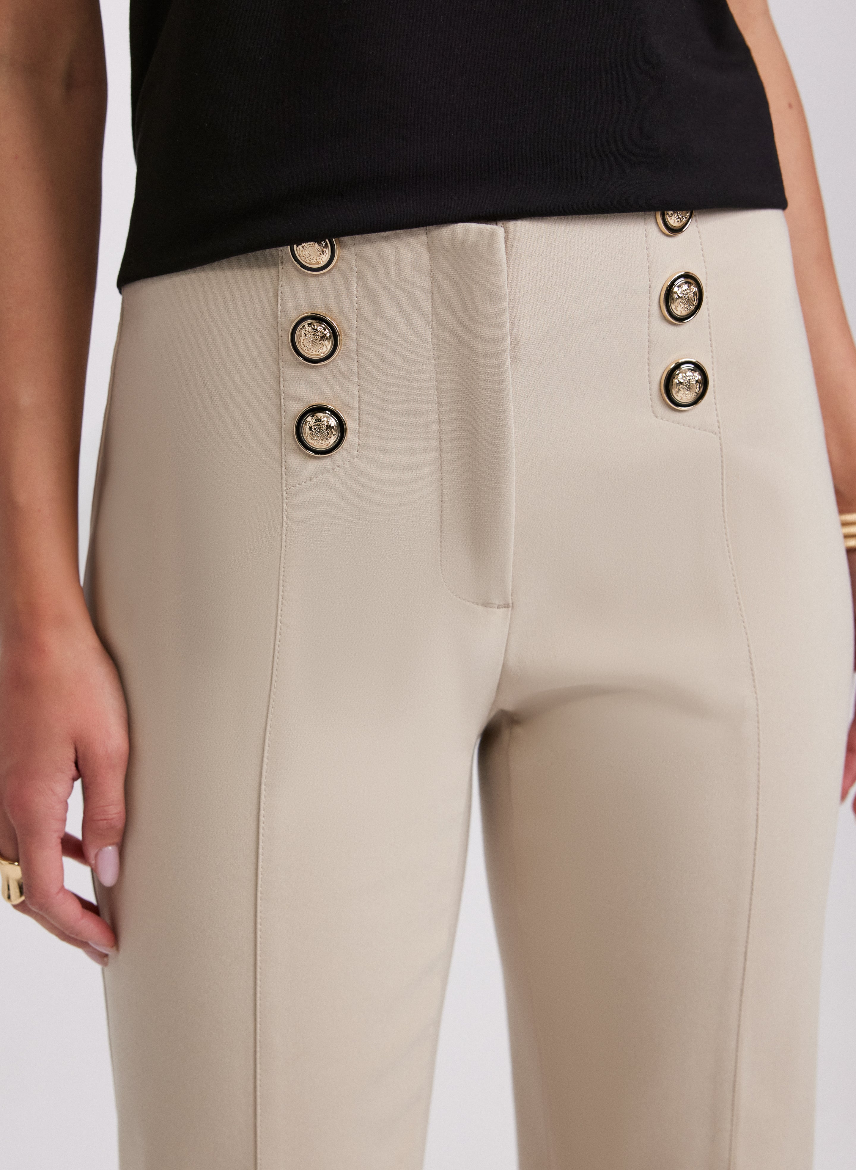 Emma Button Detail Pants for Women - High Waisted Stretch Comfort Fit Trousers | Perfect for Office, Travel & Casual Wear
