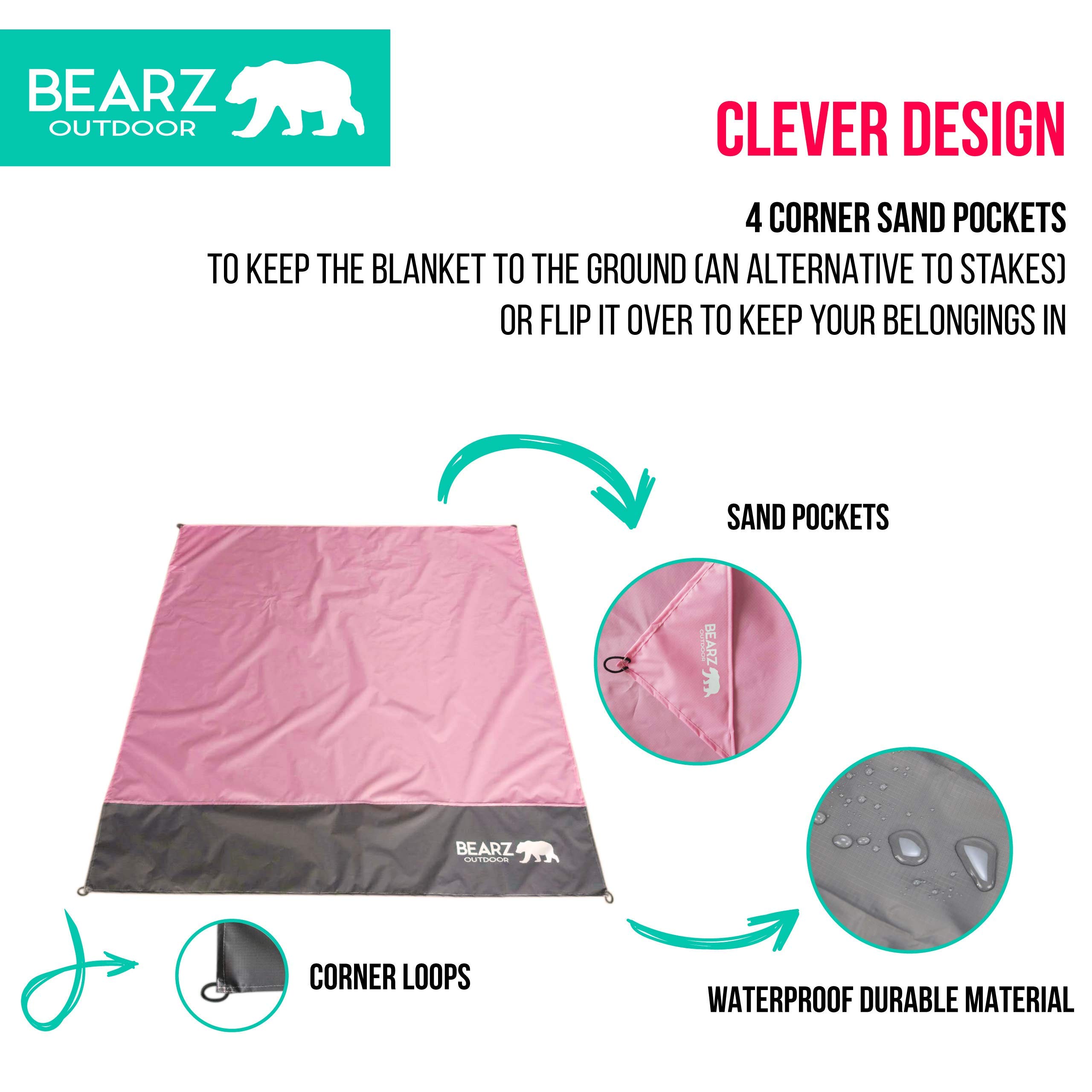 **Waterproof Pocket Picnic Blanket with Stakes - Portable Travel & Beach Blanket for Camping, Outdoor Picnics, Hiking, and Beach Days (Pink)**