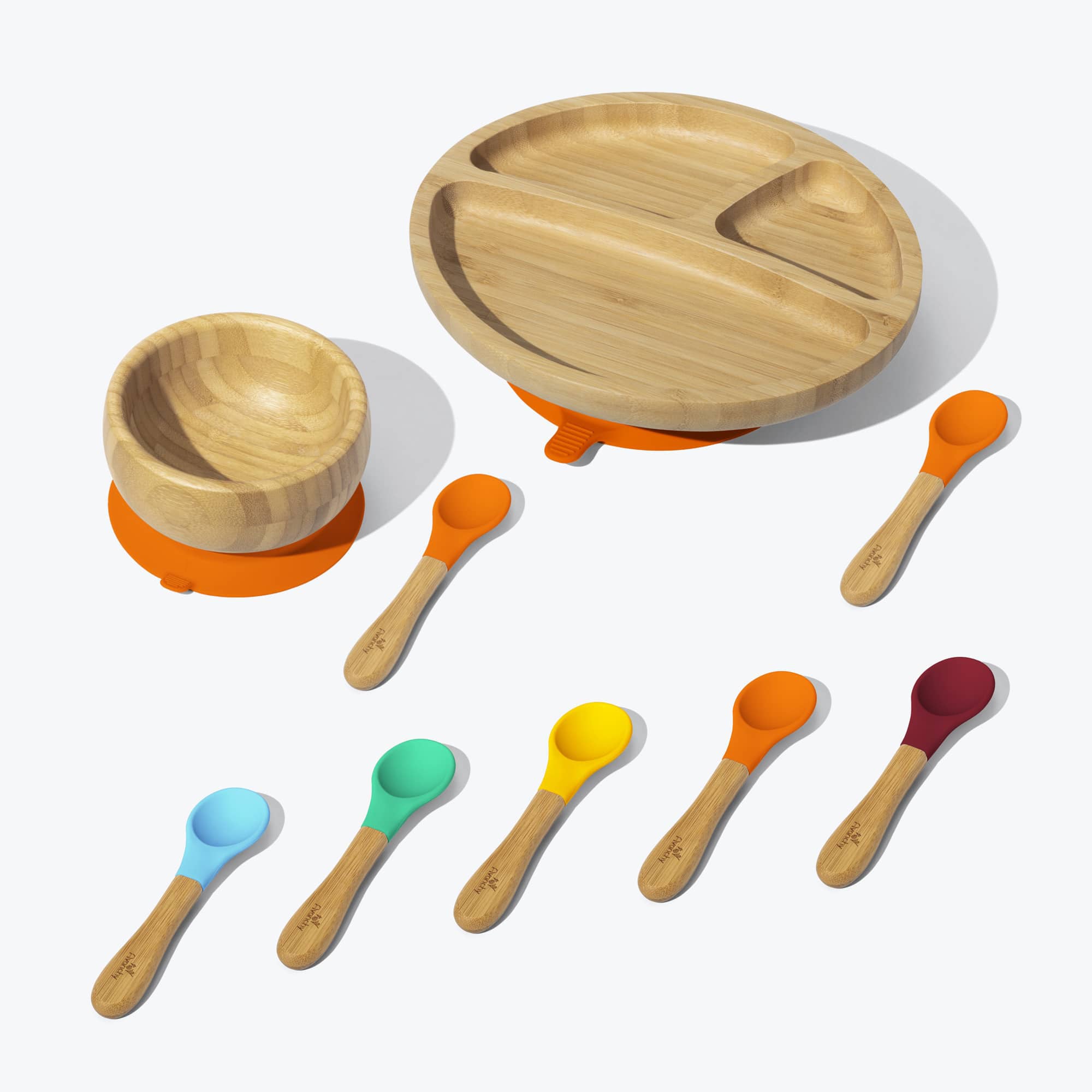 Avanchy Rainbow Toddler Feeding Set - Divided Plate, Bowl & 7 Spoons (Orange) | BPA-Free Baby Dishware for Self-Feeding | Perfect for Home, Daycare & Travel