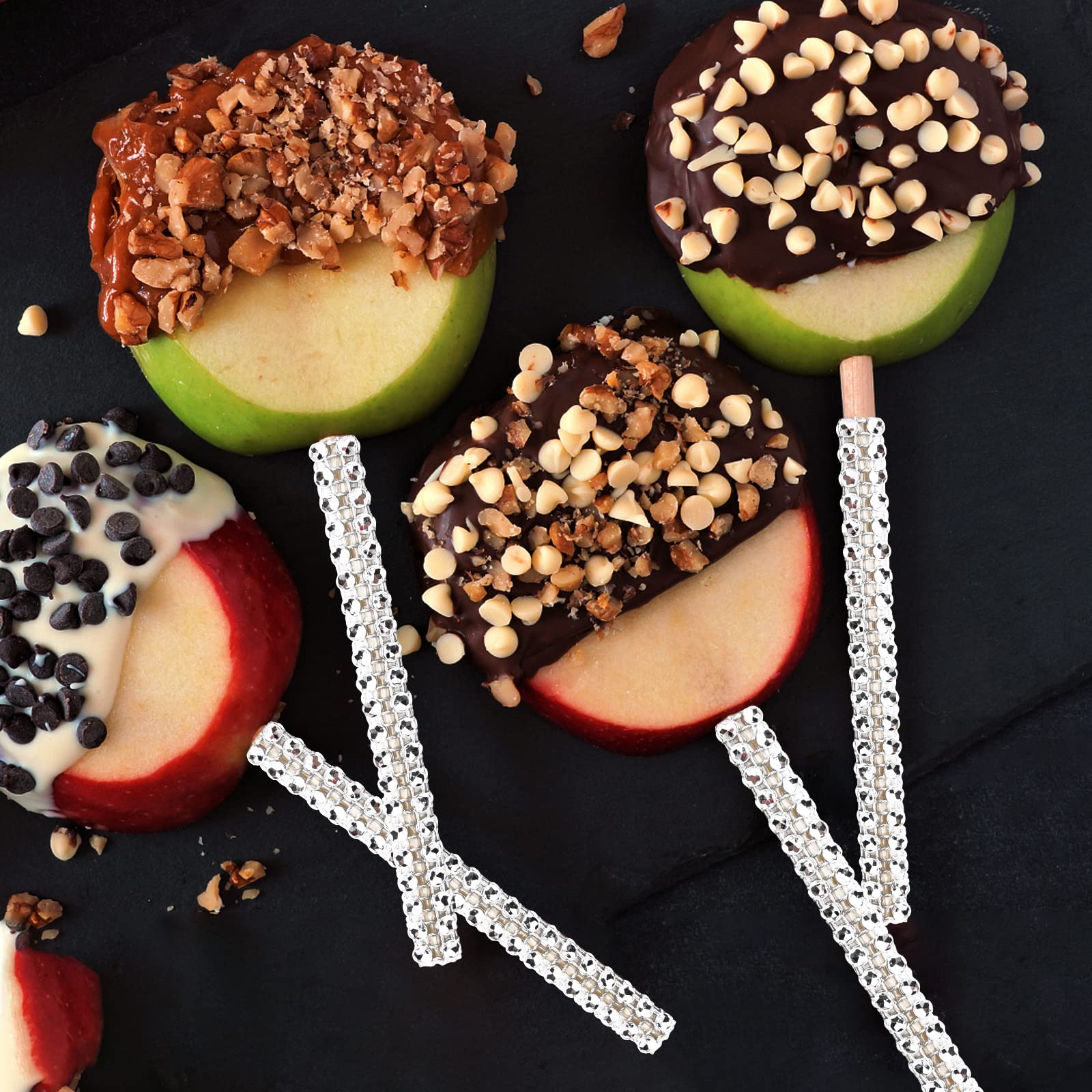ASTARON 24 Pack Glitter Bling Candy Apple Sticks and Bags - Complete Toffee Apple Making Kit with Glitter Ribbon & Chocolate Apple Packaging - Perfect for Candy Apple Supplies, DIY Treats, Party Favors, Halloween, Christmas and Holiday Gift Giving