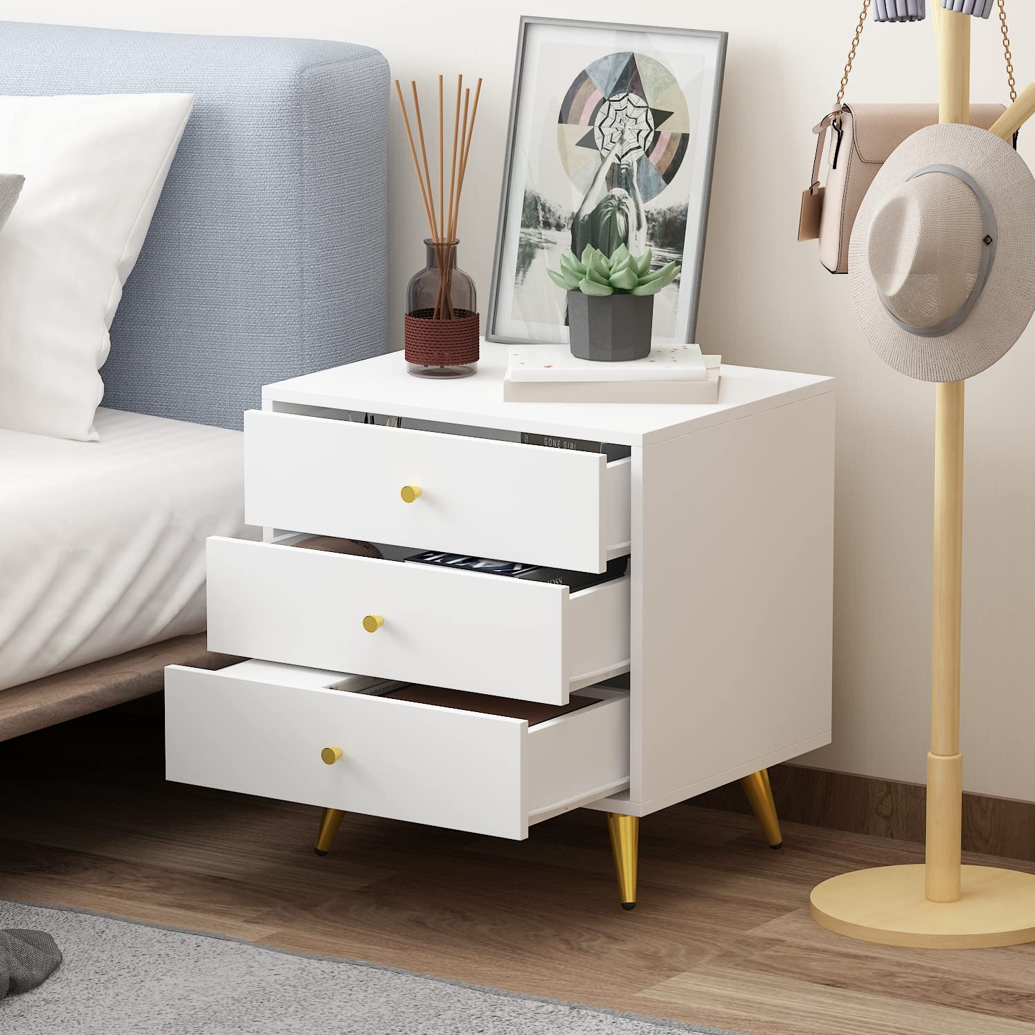 Modern White Nightstand Set of 2 with 3 Drawers - Sturdy Metal Legs Bedside Table for Bedroom & Living Room - 19.7”L x 15.7”W x 21.3”H - Perfect for Storage, Reading Nook & Small Space Decor