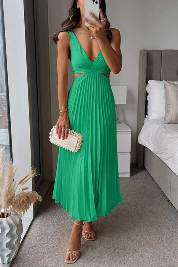 Elegant Summer Floral Print Pleated Cutout Waist Loose Midi Dress for Women - Perfect for Beach Vacations, Garden Parties & Casual Outings