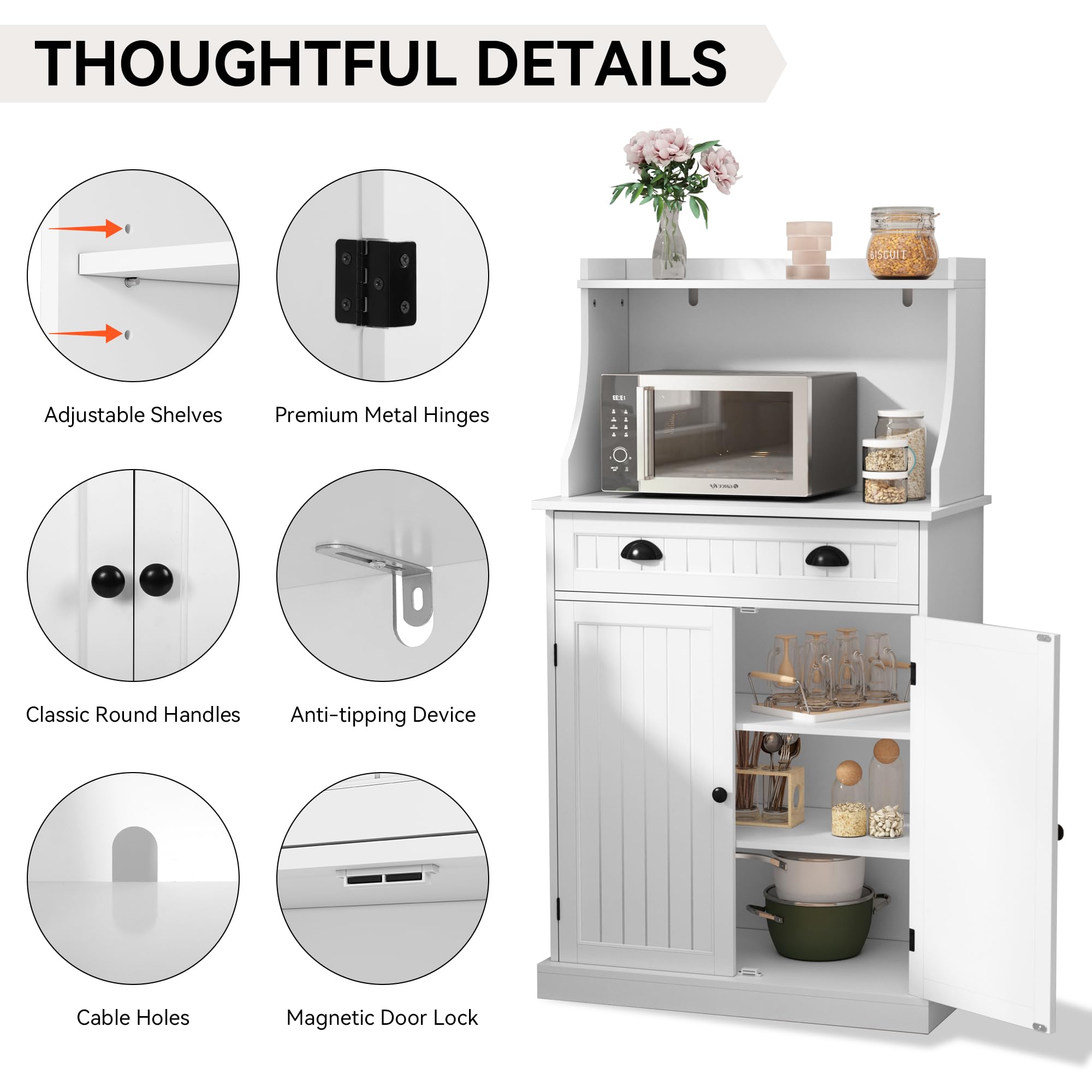 ARTPOWER 54 Inch White Kitchen Microwave Stand with Storage Drawers & Adjustable Shelves - Pantry Cabinet with Hutch for Kitchen, Dining Room, Living Room & Hallway - Perfect for Small Space Organization & Home Decor
