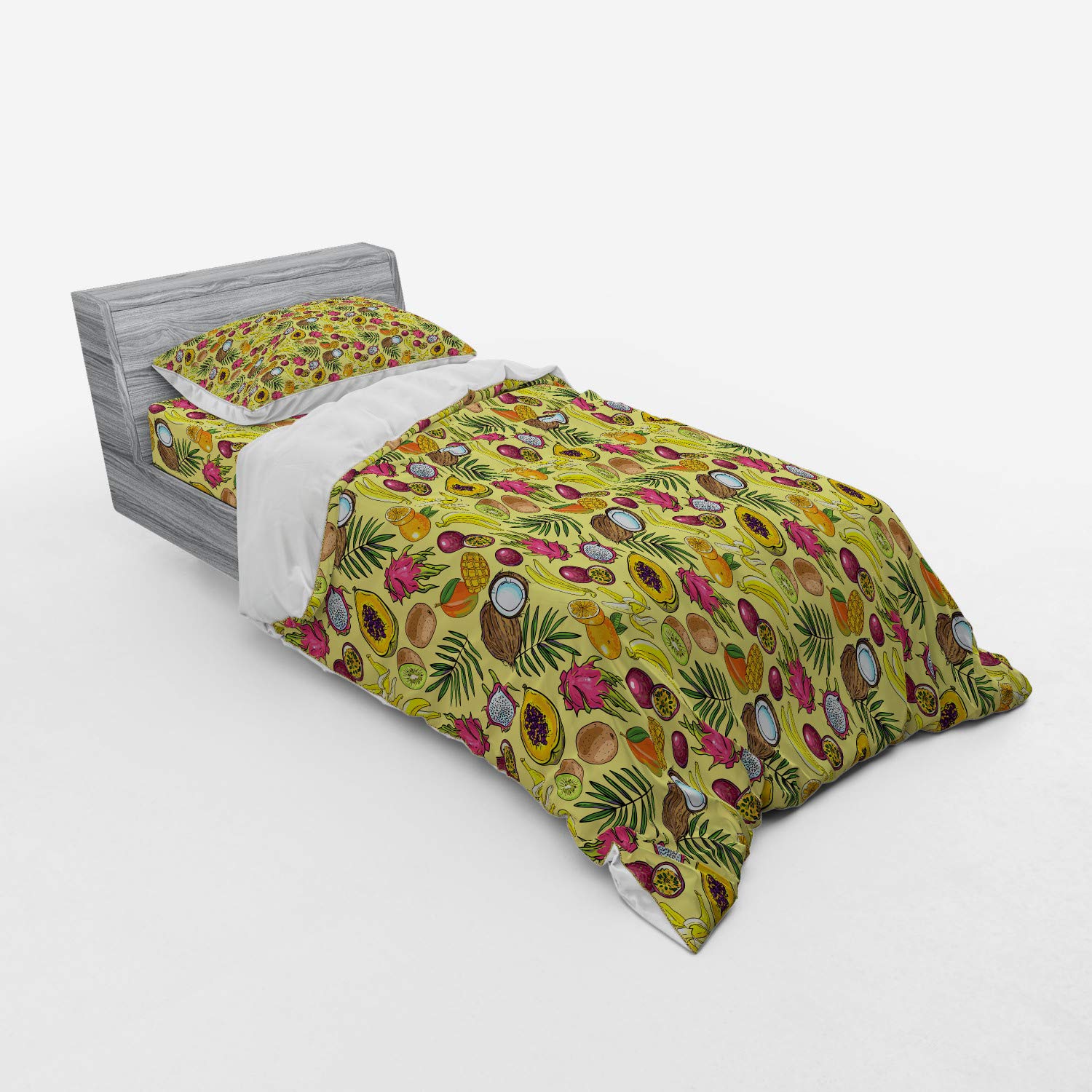Ambesonne Tropical Fruit Bedding Set - 3 Piece Duvet Cover with Sham & Fitted Sheet, Twin Size, Vibrant Kiwi Mango Papaya Coconut Print - Perfect for Summer Decor, Kids Room & Beach House Style