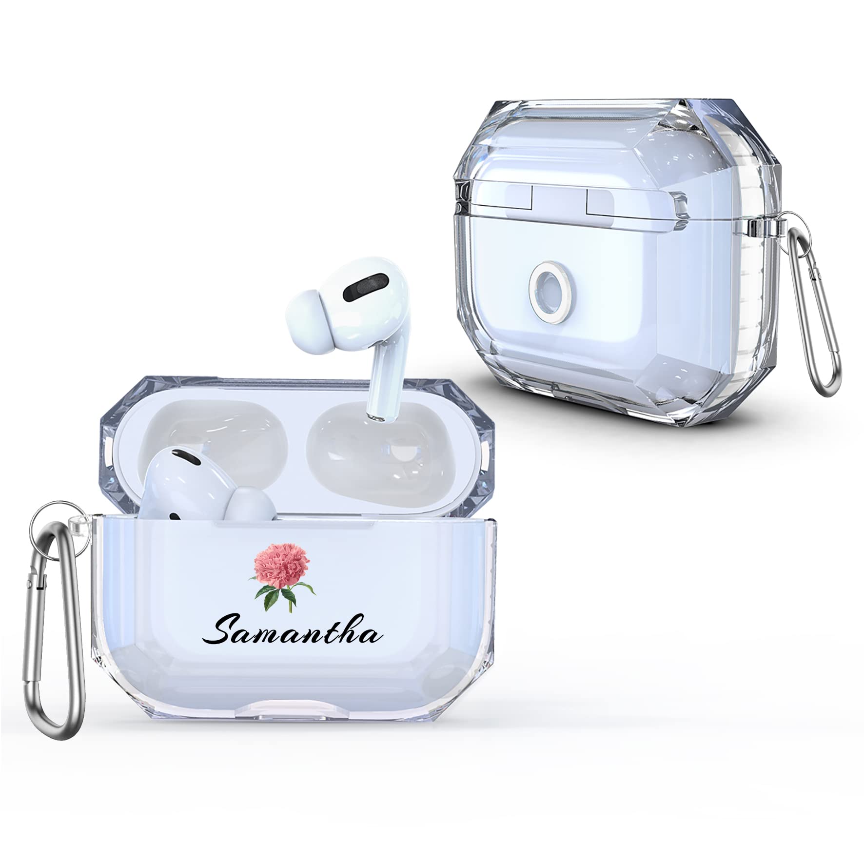 Personalized Pink Peony Flower AirPods Case with Keychain - Custom Name & Initials for AirPods 1/2/3/Pro - Cute Protective Cover for School, Work & Travel Accessories