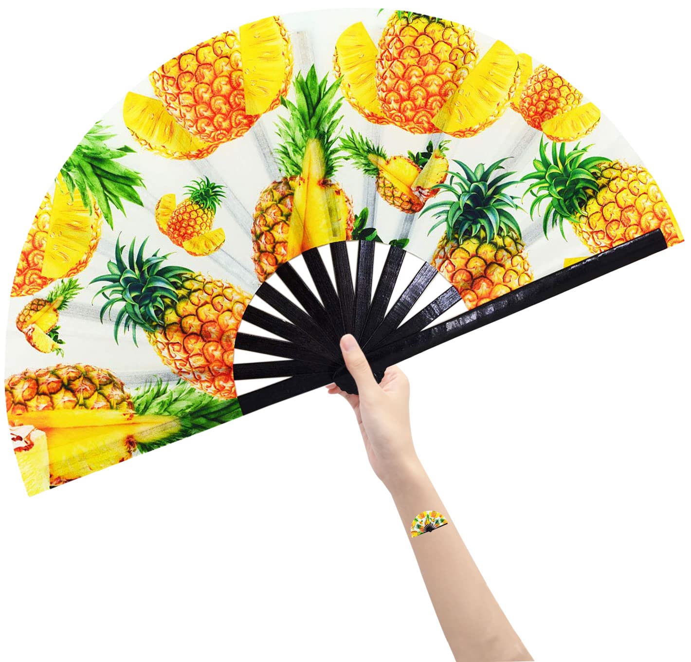 Amajiji Large Folding Hand Fan - Traditional Chinese/Japanese Style Bamboo & Nylon Cloth Handheld Fan for Dance, Stage Performances, Weddings, Home Decor & Personal Cooling (Pineapple Design) - Perfect for Summer Events, Yoga Sessions & Outdoor Festivals