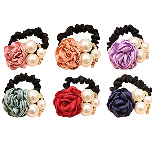 Elegant Rose Ring Rubber Pearl Hair Bands - Rhinestone Ponytail Holders & Scrunchies for Women | Stretch Elastic Hair Accessories for Girls, Wedding, Party & Daily Use