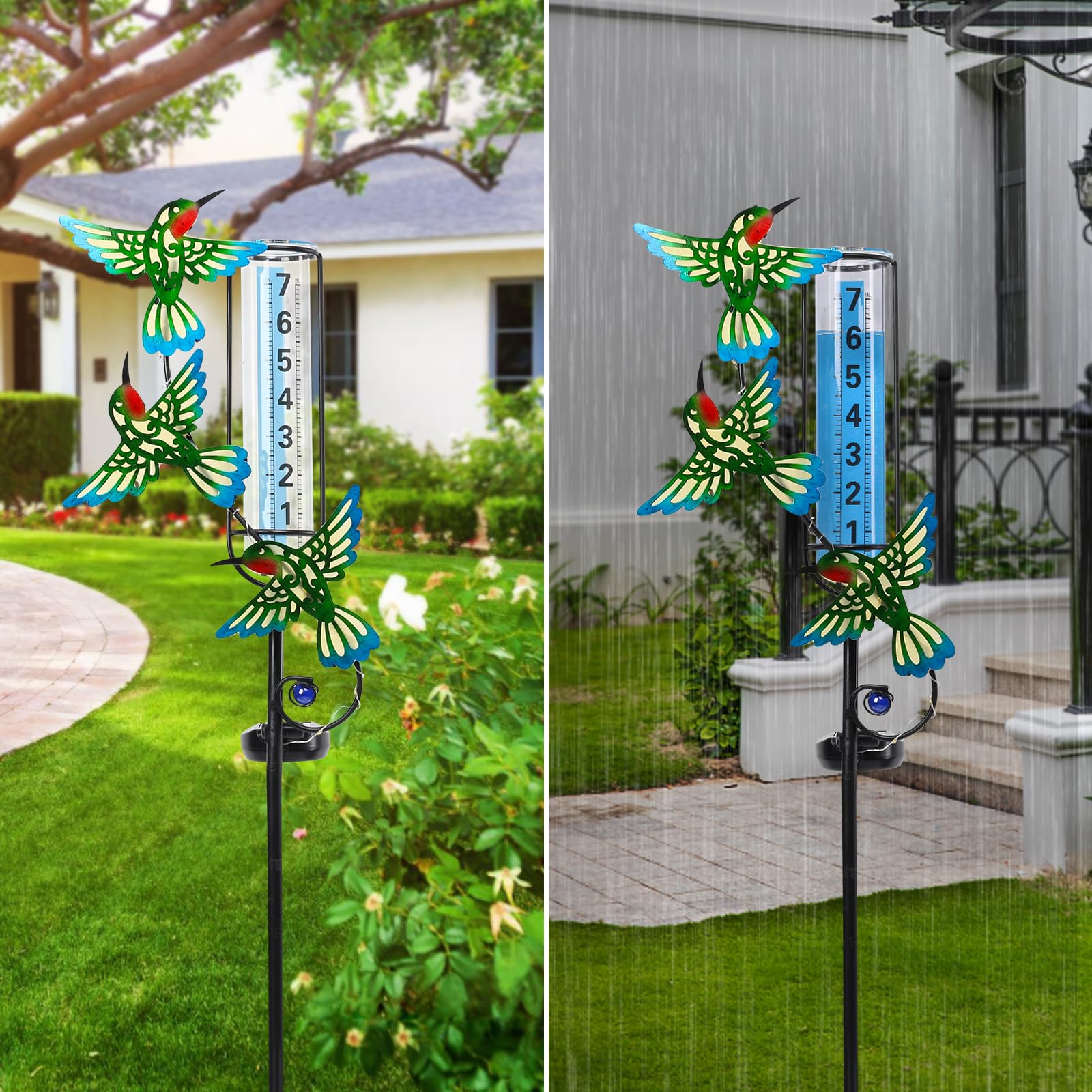 WONDER GARDEN Freeze Proof Solar Rain Gauge Outdoor with LED Hummingbird Lights - Accurate Weather Measurement for Yard, Garden & Lawn Decor | Perfect for Outdoor Enthusiasts & Home Gardeners